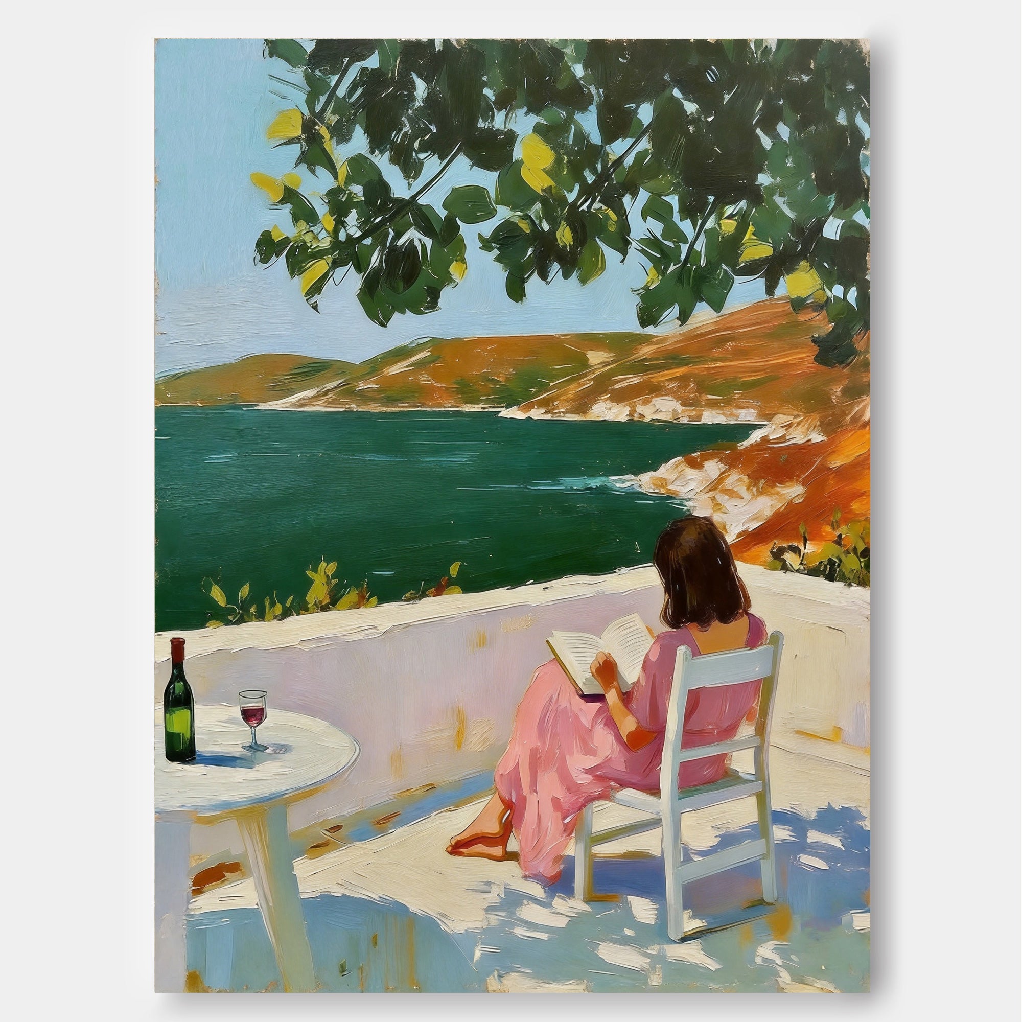 Serene Moments Wall Art Peaceful Woman Reading Book Near Ocean View Decoration