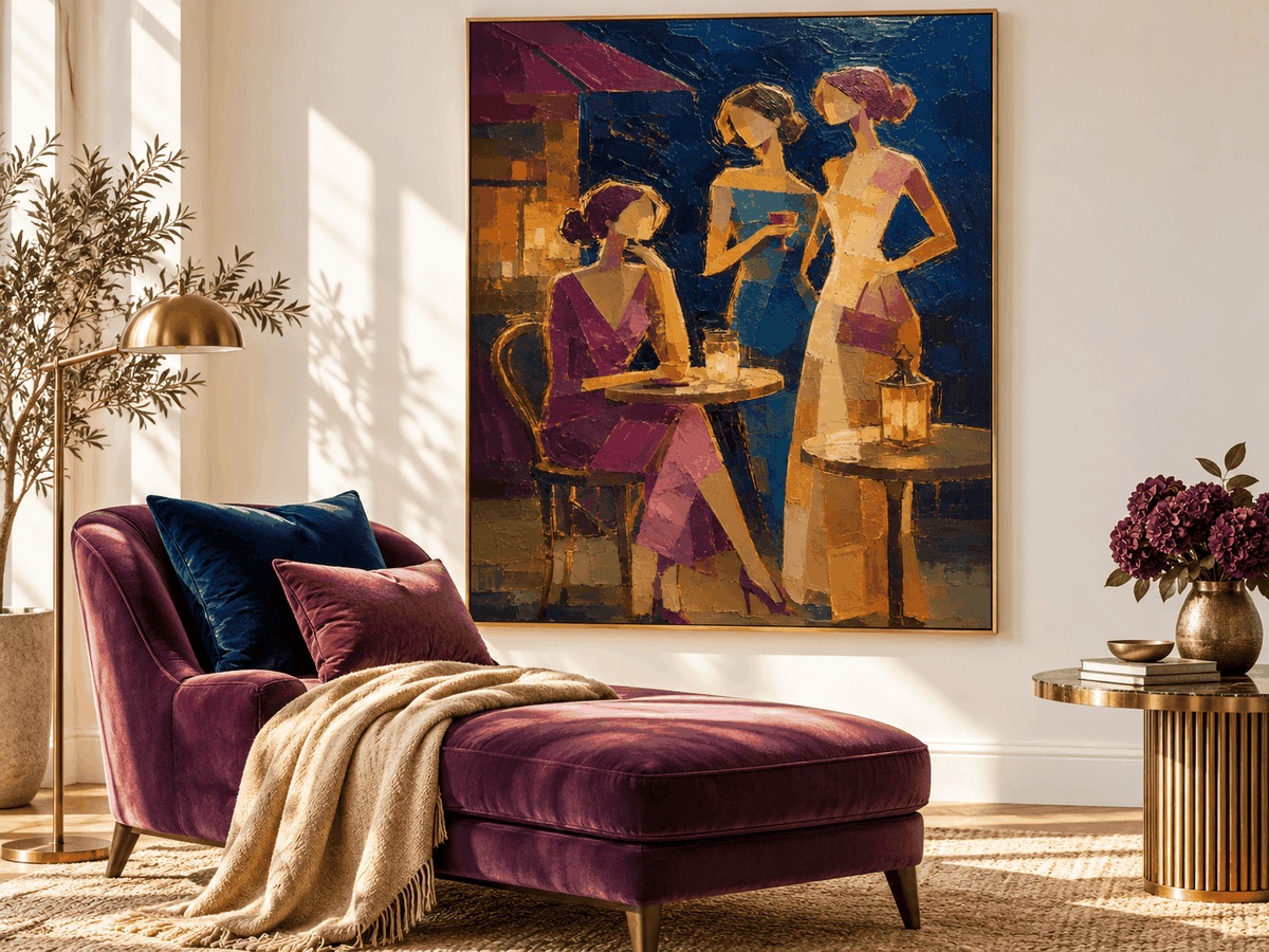 Vintage Women At Night Bar Hand-Painted Canvas Art In Blue And Gold