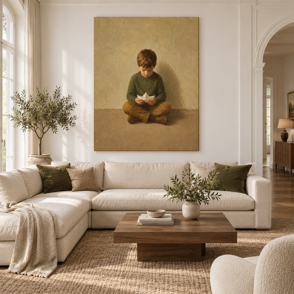 Boy With Paper Boat Hand-Painted Canvas Art In Green And Beige Tones