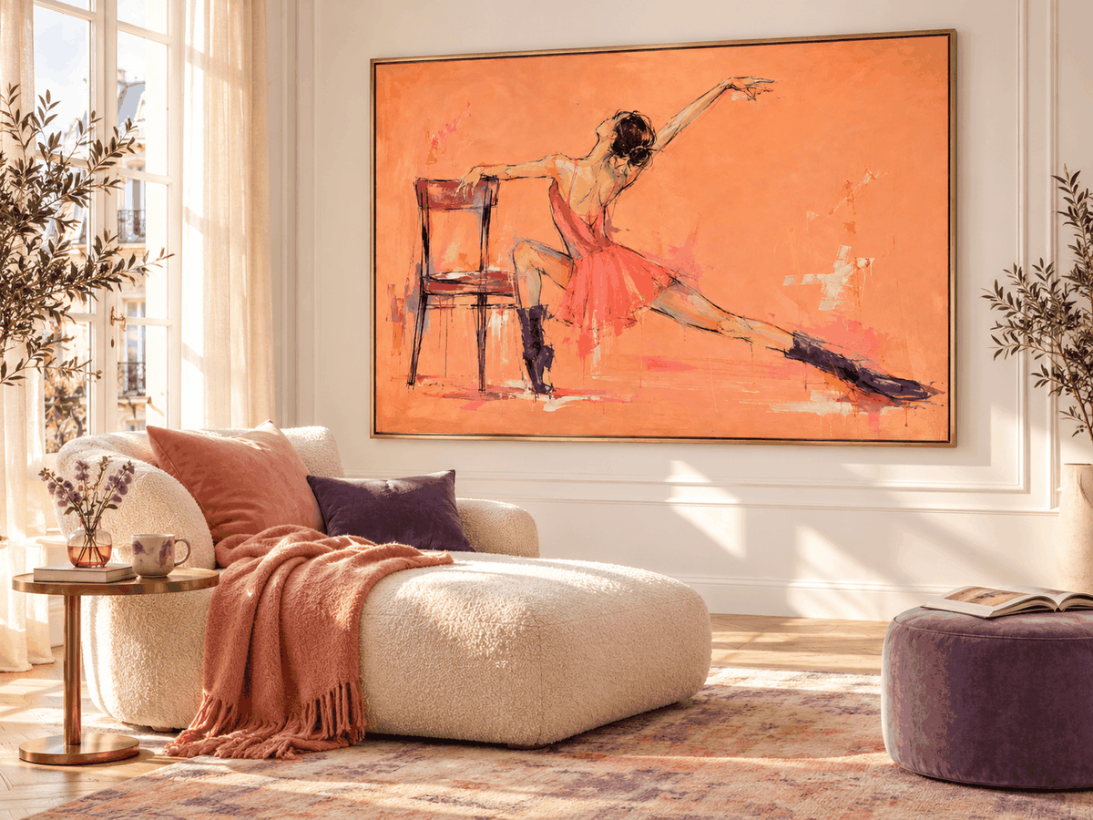 Vintage Modern Textured Art Hand-Painted Abstract Figure In Peach And Black Abstract Dancer Canvas Painting