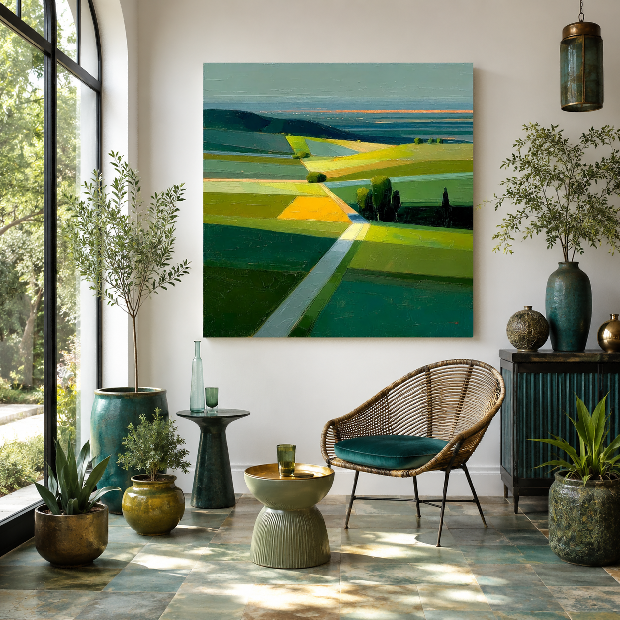 Modern Abstract Landscape Oil Painting With Textured Green And Orange Fields For Contemporary Home Decor