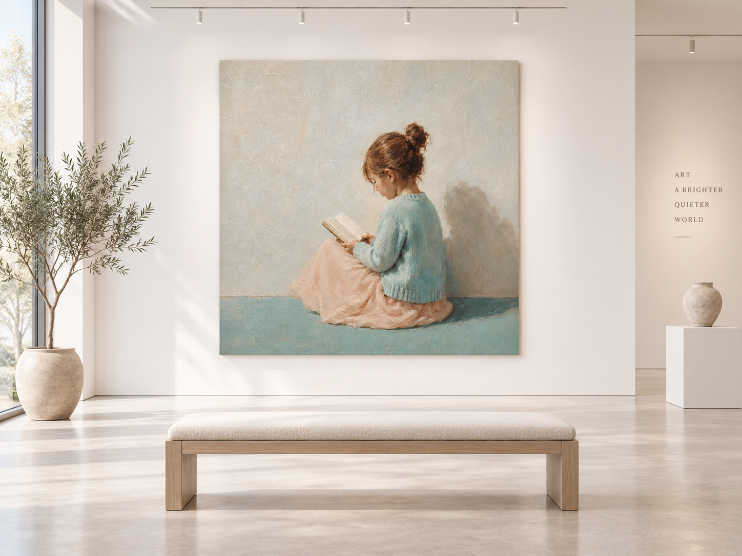 Girl Reading Book Hand-Painted Canvas Art With Blue Sweater And Gray Wall