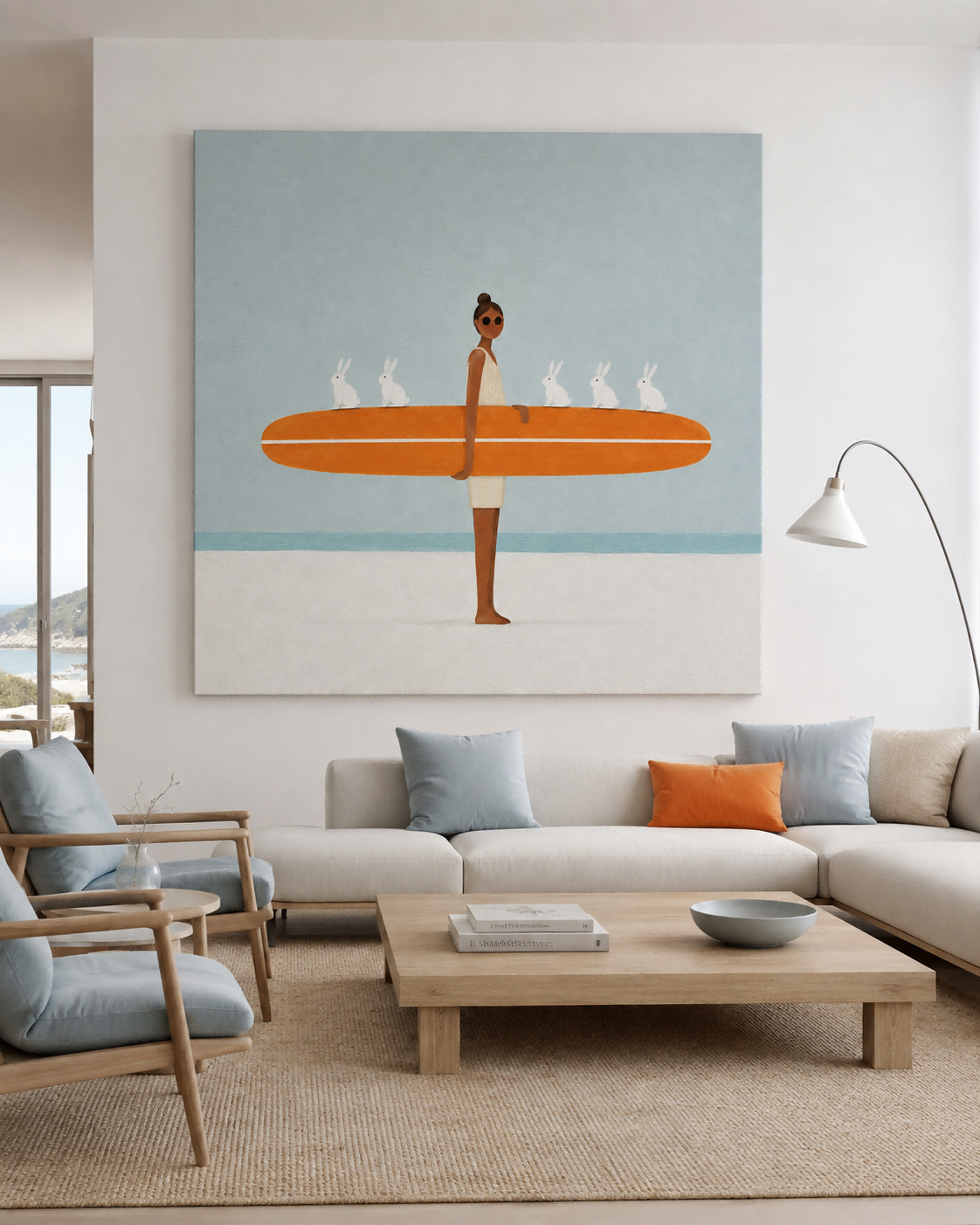 Hand-Painted Surfboard And Bunnies Abstract Canvas Art With Orange Accents