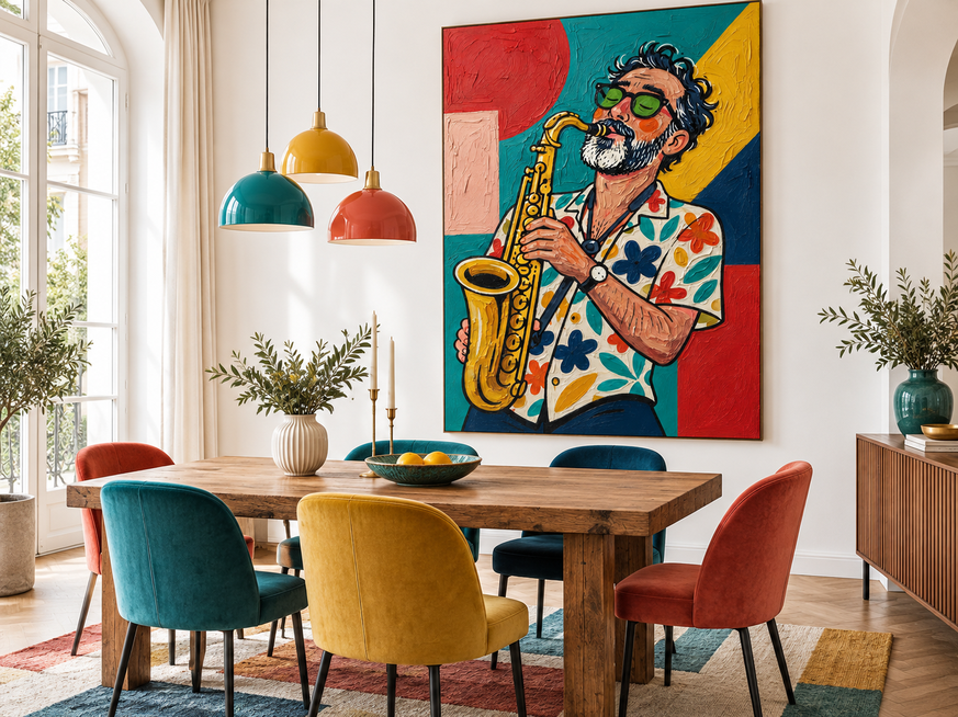 Modern Pop Art Canvas Painting Of A Bearded Man With Glasses Playing Sax In Retro Style