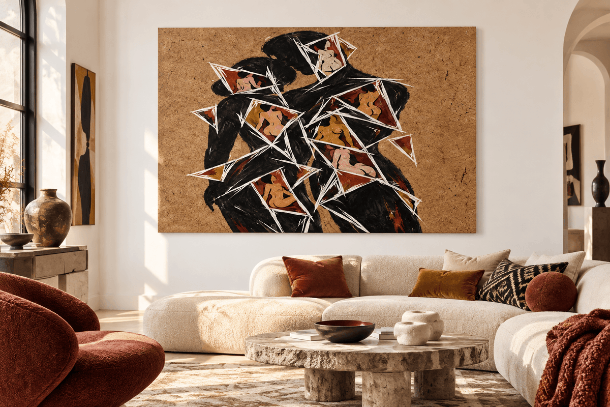 Abstract Lovers Silhouette Hand-Painted Canvas Art With Geometric Shards Cubist Romantic Art
