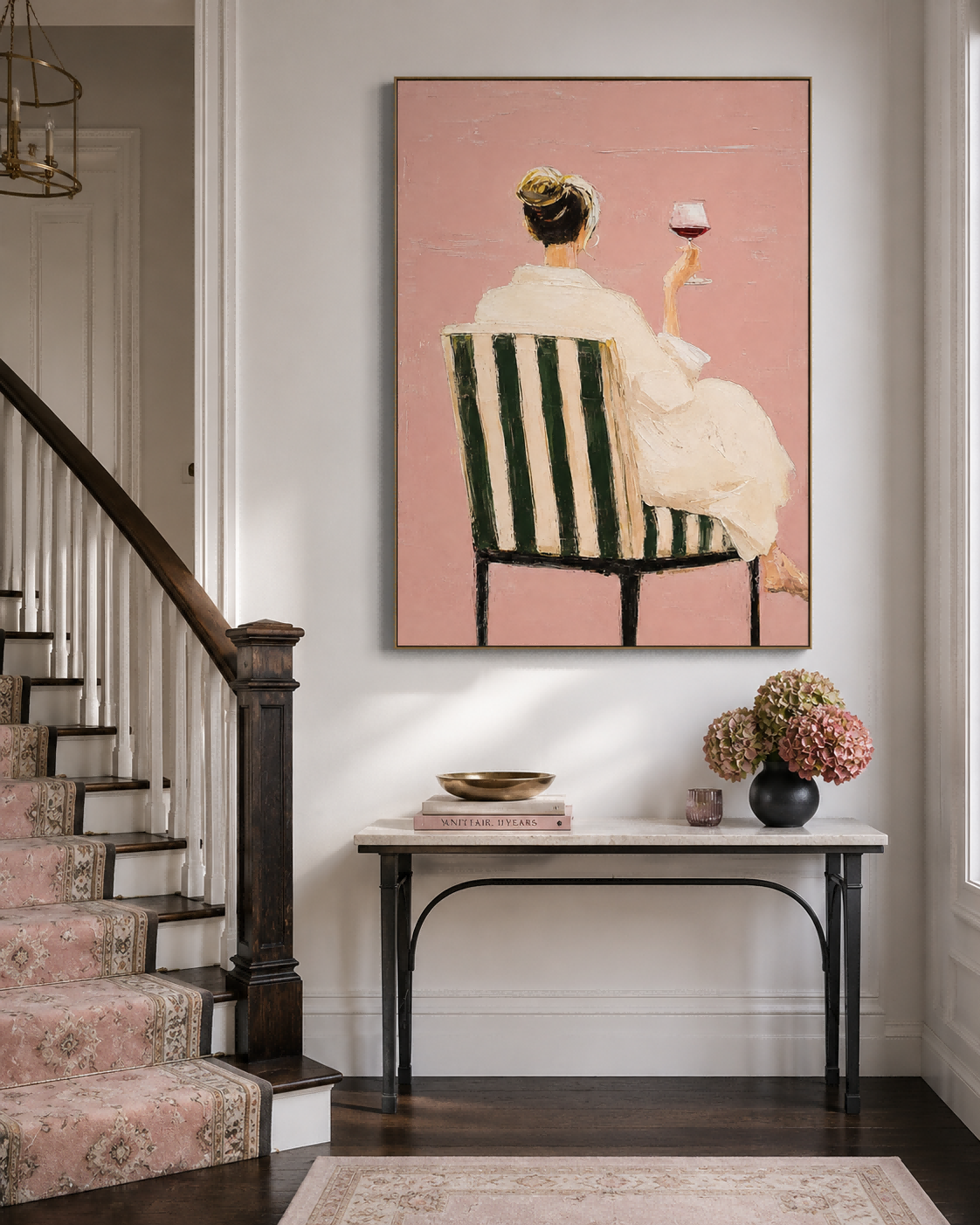 Modern Impressionist Canvas Painting Textured Pink And Green Abstract Figure Art For Sale