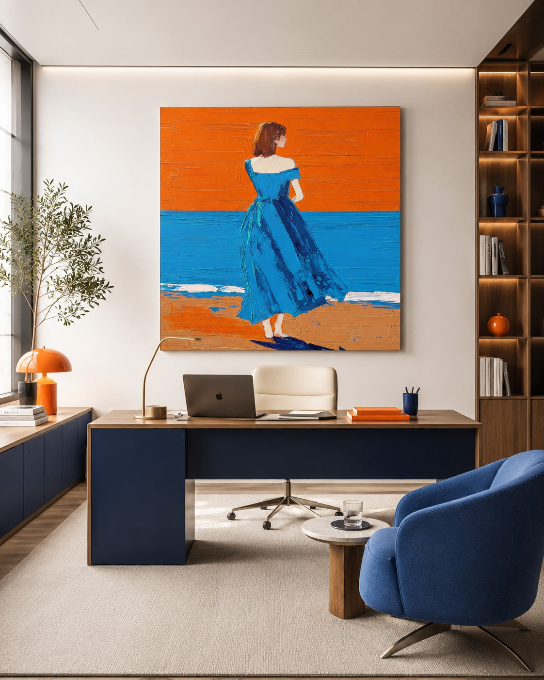 Expressive Figure Painting Solitary Woman At Sunset Beach For Living Room