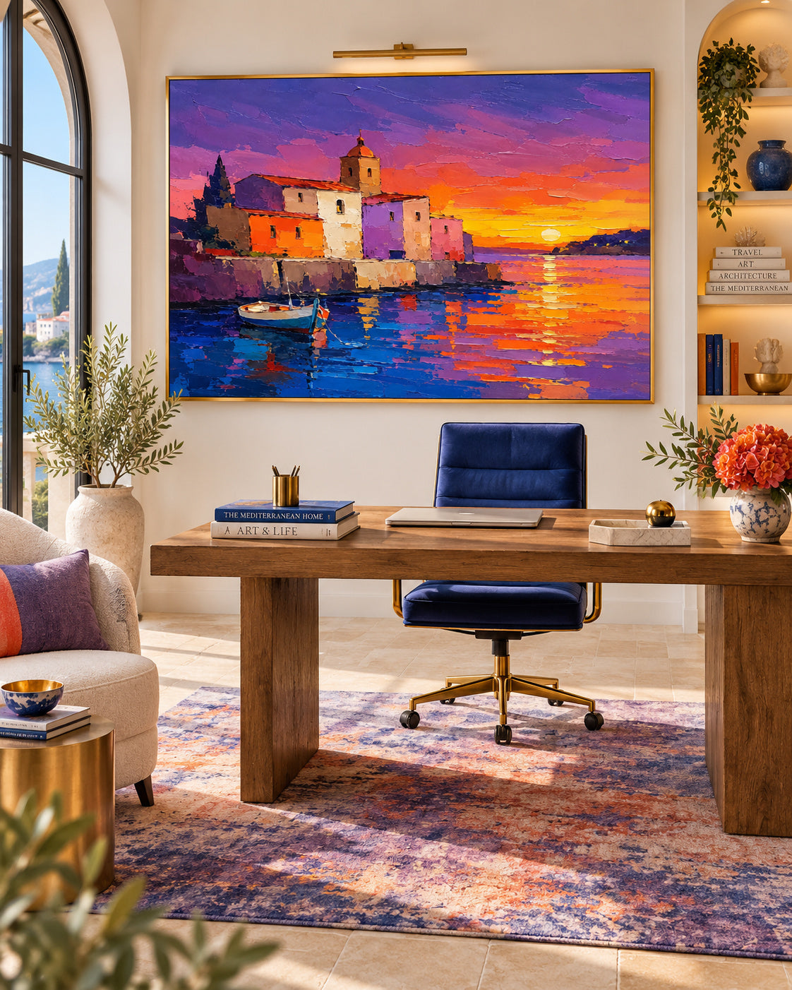 Mediterranean Harbor Sunset Hand-Painted Canvas Art With Vibrant Purple And Orange Tones