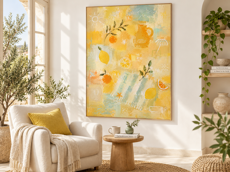 Hand-Painted Citrus Abstract Art With Lemon And Orange On Yellow Canvas