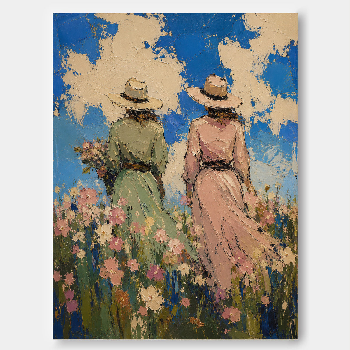 Impressionist Style Textured Art Sisters Back View Blue And Pink Tones