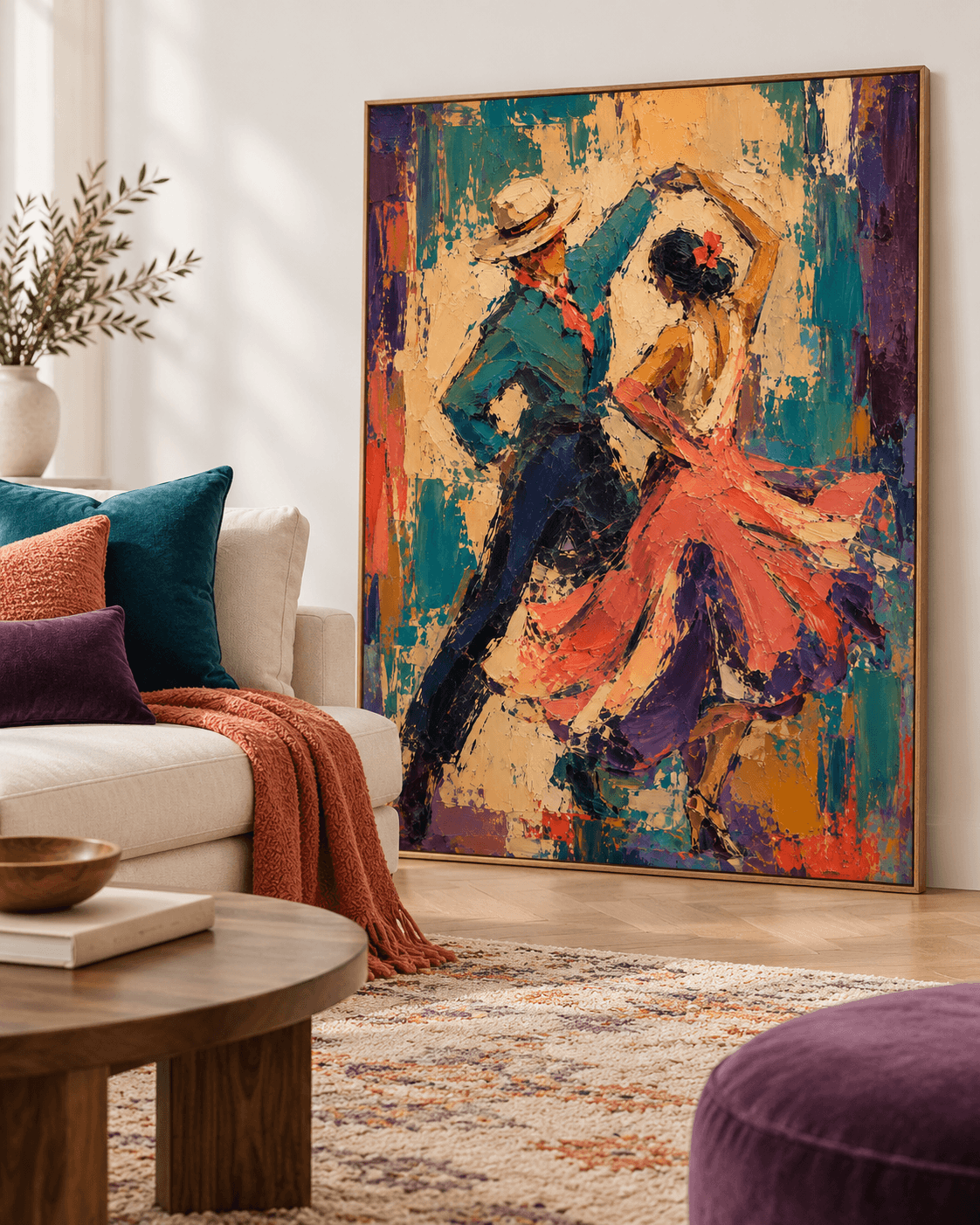 Hand-Painted Tango Dancers Canvas Art With Rich Texture And Warm Red Tones