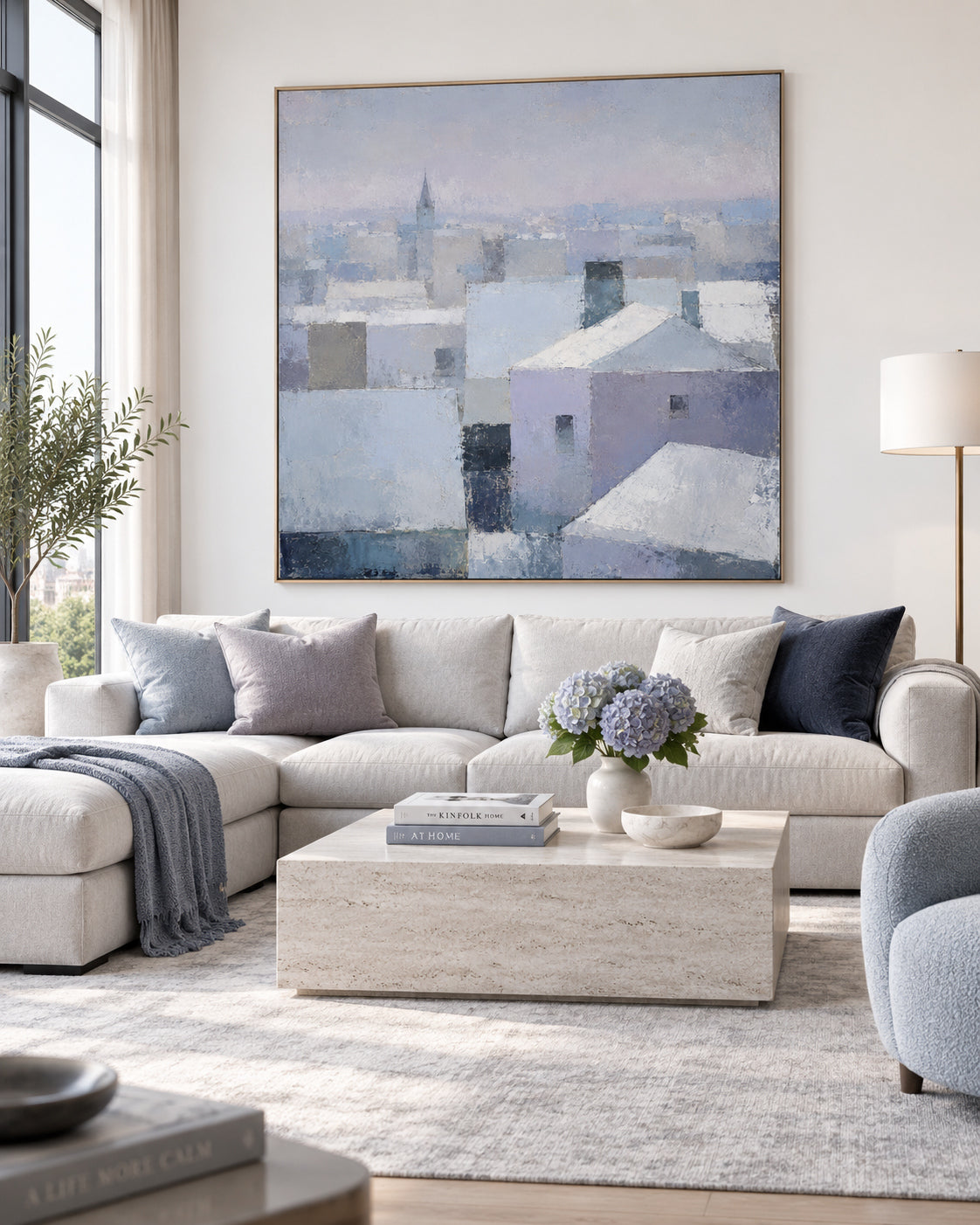Abstract Cityscape Canvas Painting With Geometric Blue And Purple Blocks