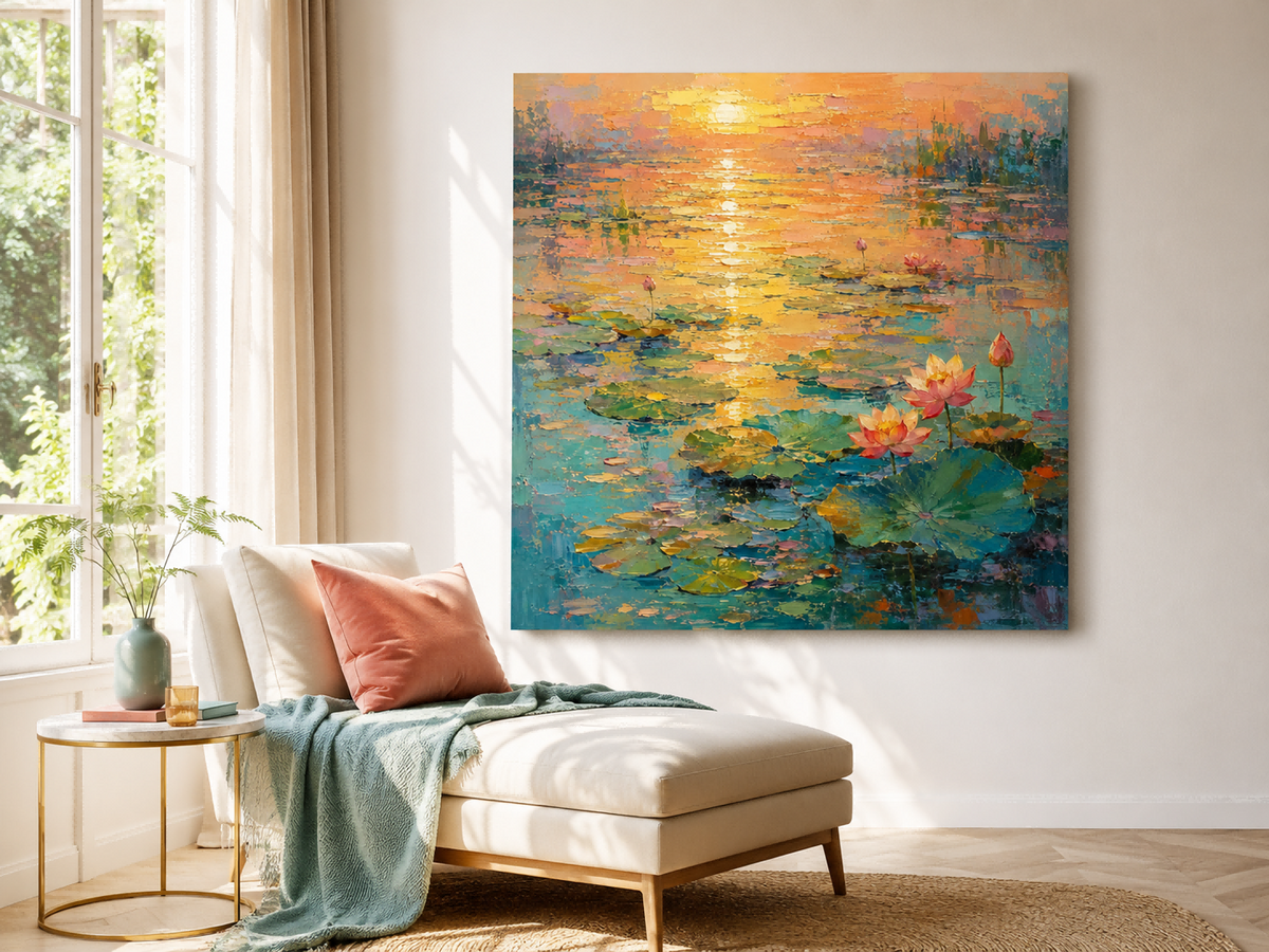 Modern Impressionist Floral Landscape Oil Painting With Gold And Pink Hues