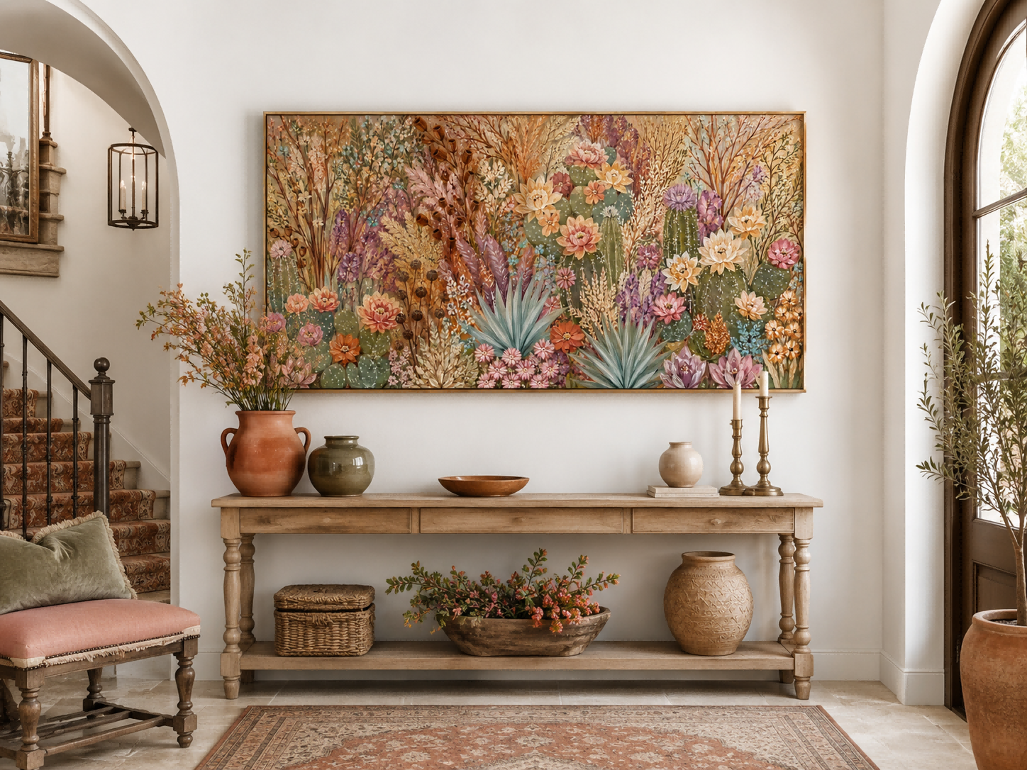 Romantic Vintage Desert Floral Art With Textured Earth Tones For Living Room Decor