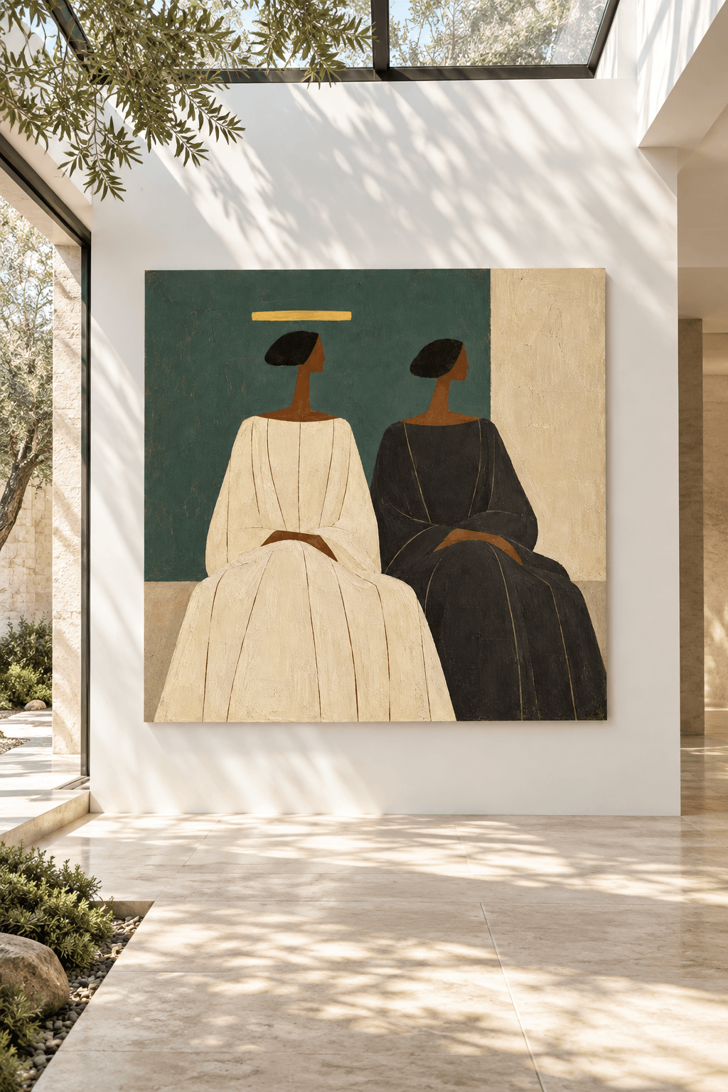 Two Women In Robes Canvas Painting With Gold Halo On Green Background