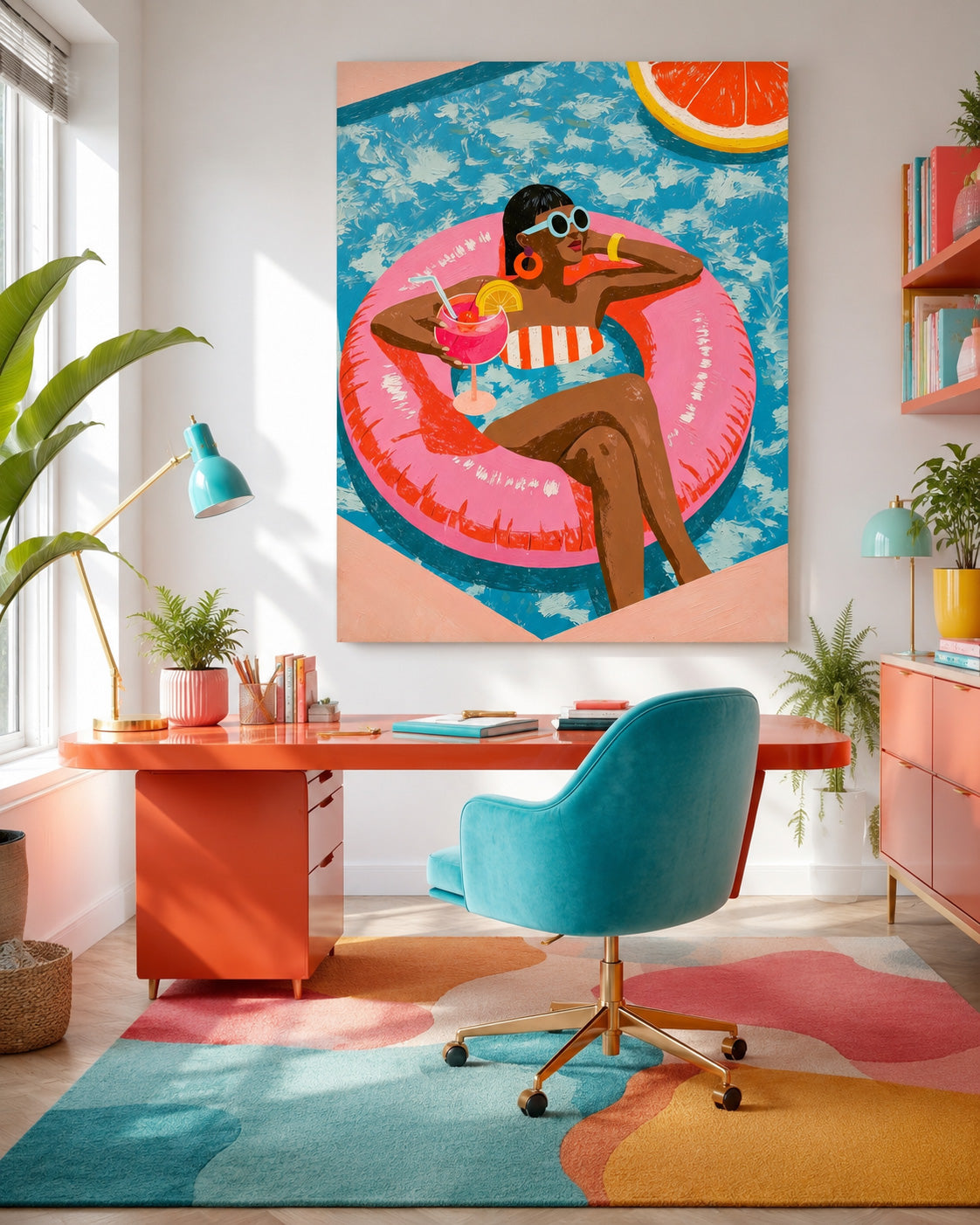 Vibrant Poolside Pop Art Painting With Citrus Motifs For Summer Home Decor