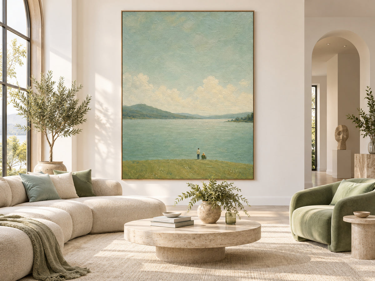 Serene Lakeside Couple Gazing At Distant Mountains Hand-Painted Canvas Art