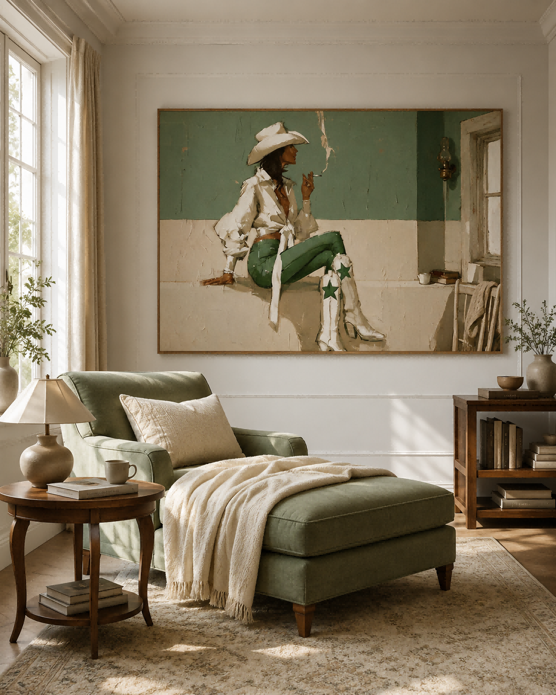 Modern Western Cowgirl Art Painting With Green And White Tones For Living Room Decor