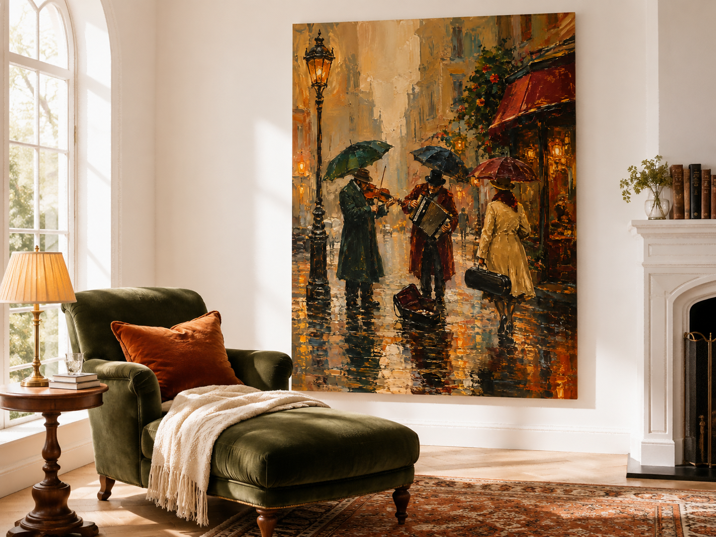 Rainy Street Musicians Oil Painting Vintage City Life Wall Art Decor For Living Room