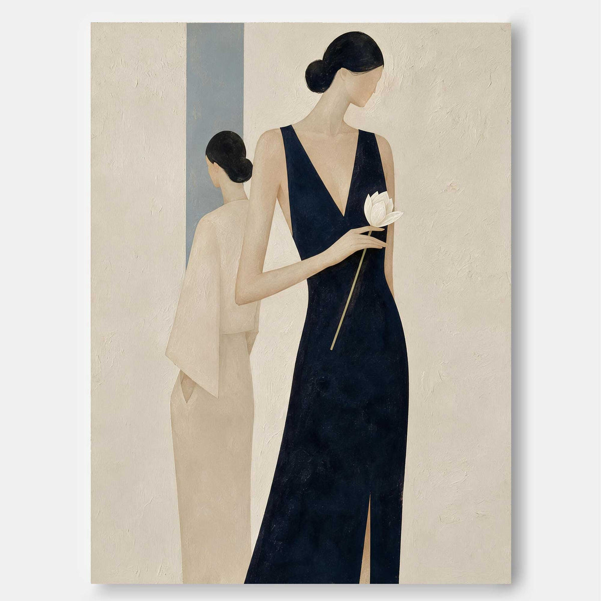 Two Women In Navy And Beige Hand-Painted Canvas Art With White Flower