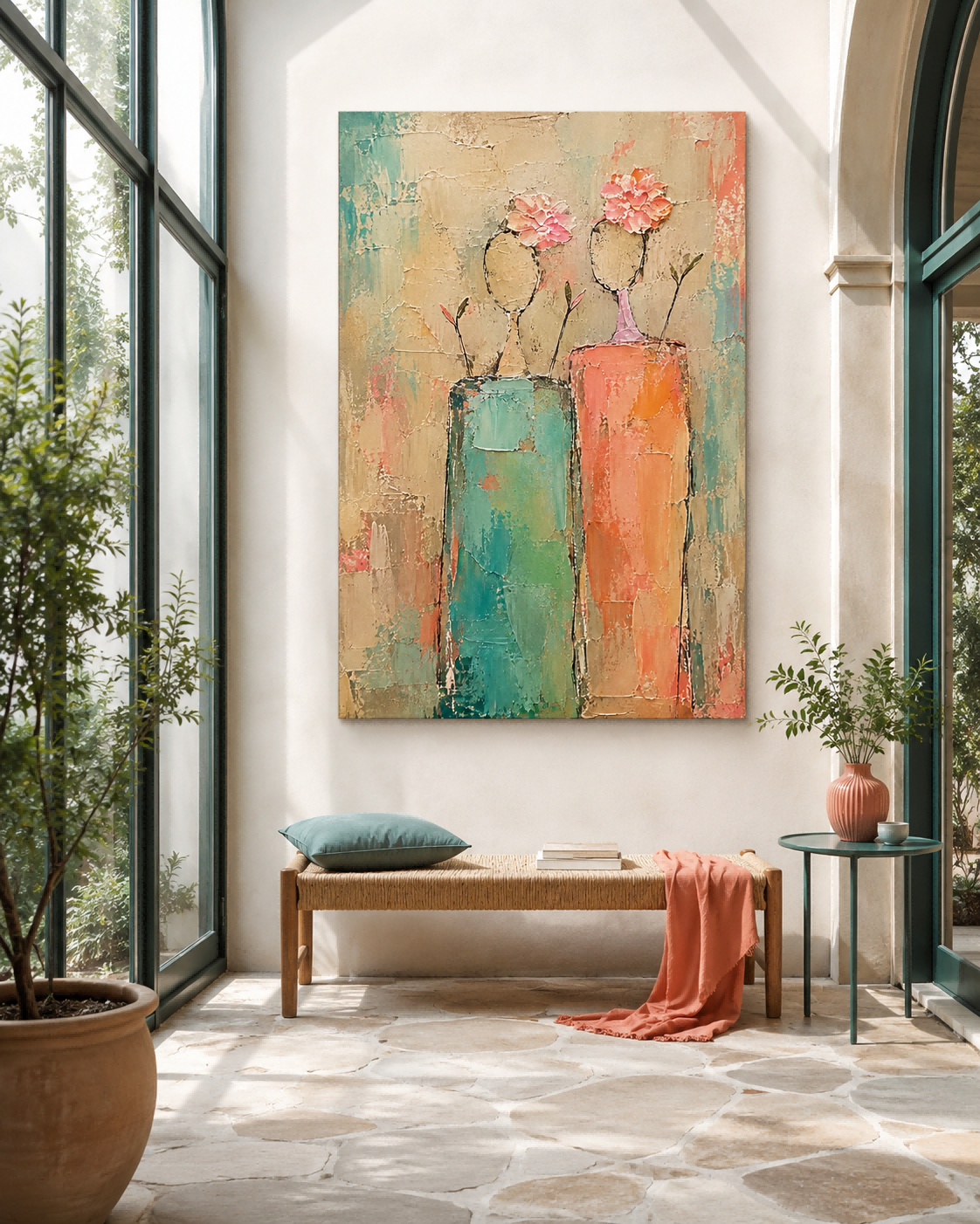 Abstract Floral Women Canvas Painting Hand-Painted Modern Art With Impasto Texture Modern Impasto Oil Painting Abstract Ladies With Flowers For Contemporary Home Decor