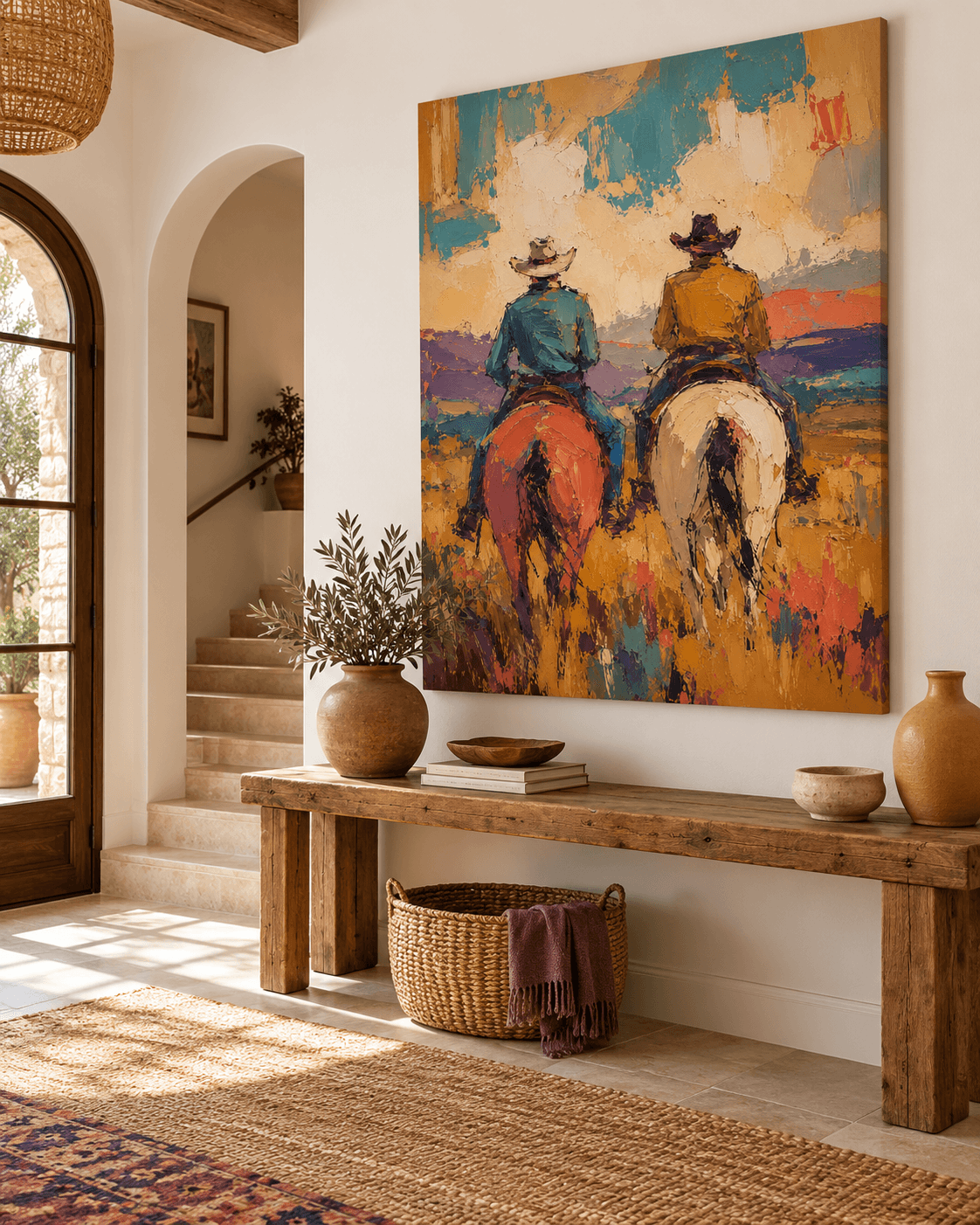 Cowboy And Horse Canvas Painting Hand-Painted Western Art With Warm Tones