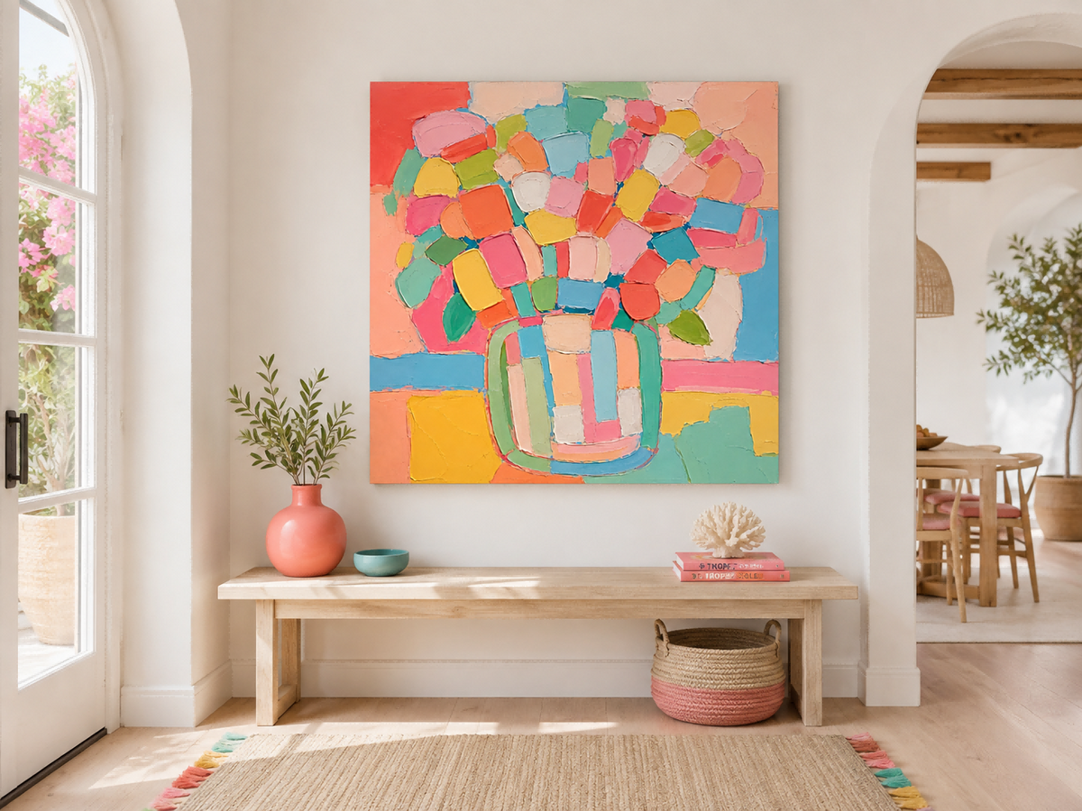 Abstract Floral Still Life Canvas Painting With Macaron Colors And Impasto Texture Contemporary Collage Style Oil Painting With Textured Geometric Flower Patterns