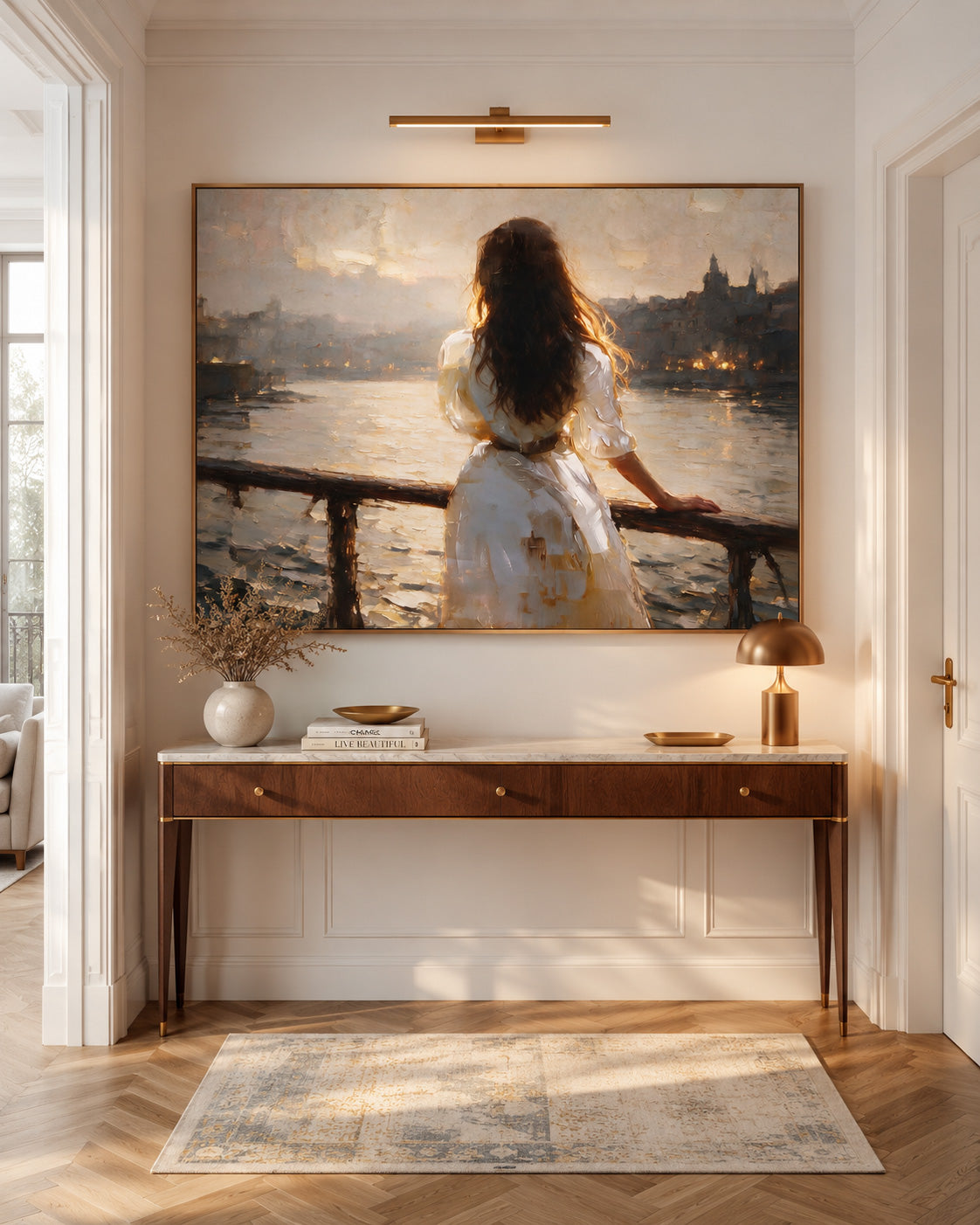Impressionist Style Canvas Art Of Woman Gazing At City Lights By Water