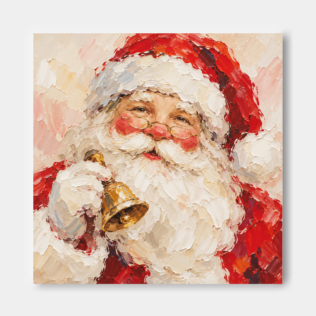 Smiling Santa With Golden Bell Hand-Painted Canvas Art In Red And White