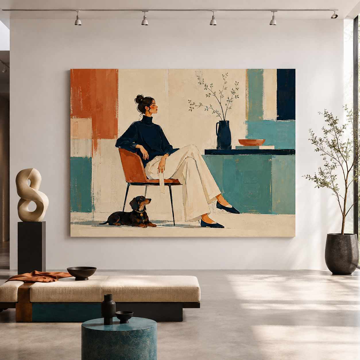Stylish Illustrative Oil Painting Of Woman And Dog For Contemporary Home Interior Design