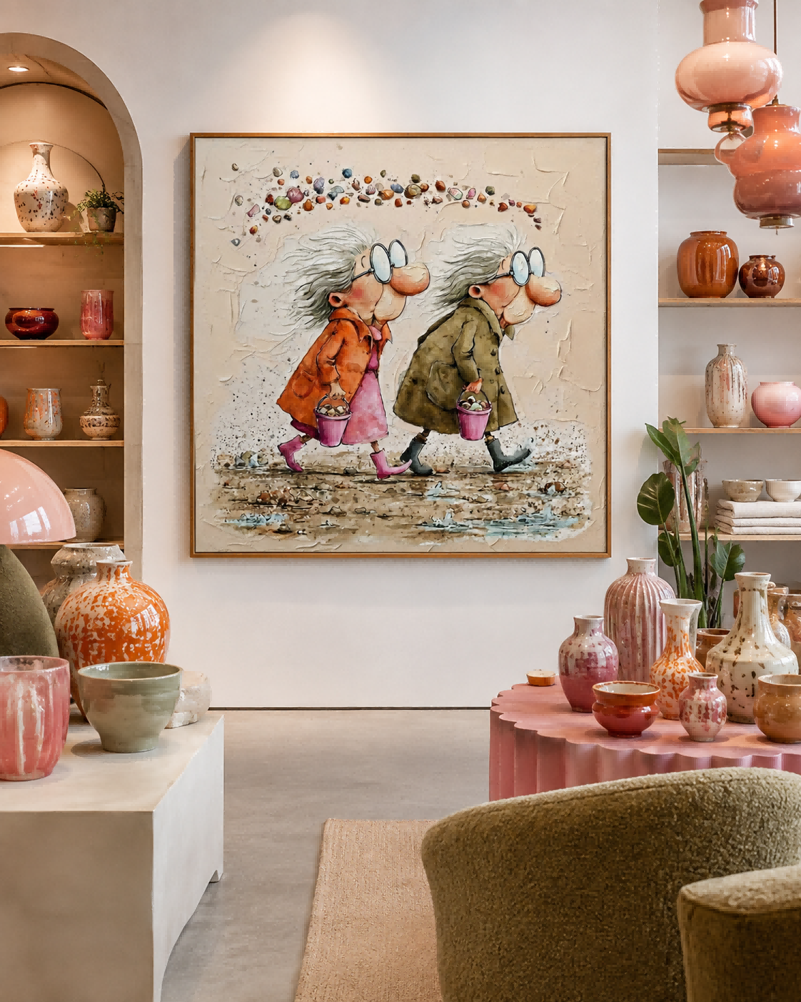 Cute Elderly Sisters Beach Art Square Canvas Painting For Living Room Decor