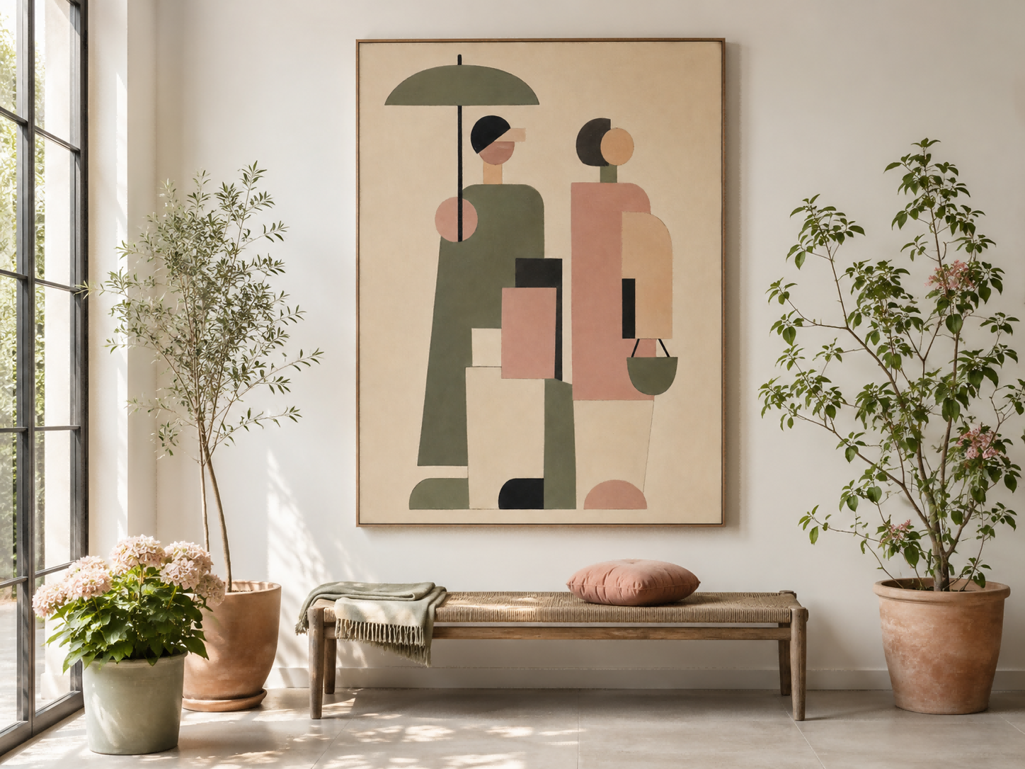 Abstract Geometric People Painting Hand-Painted Canvas Art With Umbrella In Beige Green Pink
