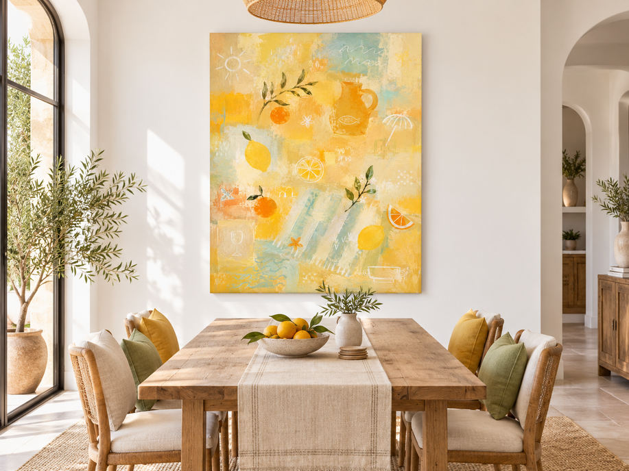 Hand-Painted Citrus Abstract Art With Lemon And Orange On Yellow Canvas