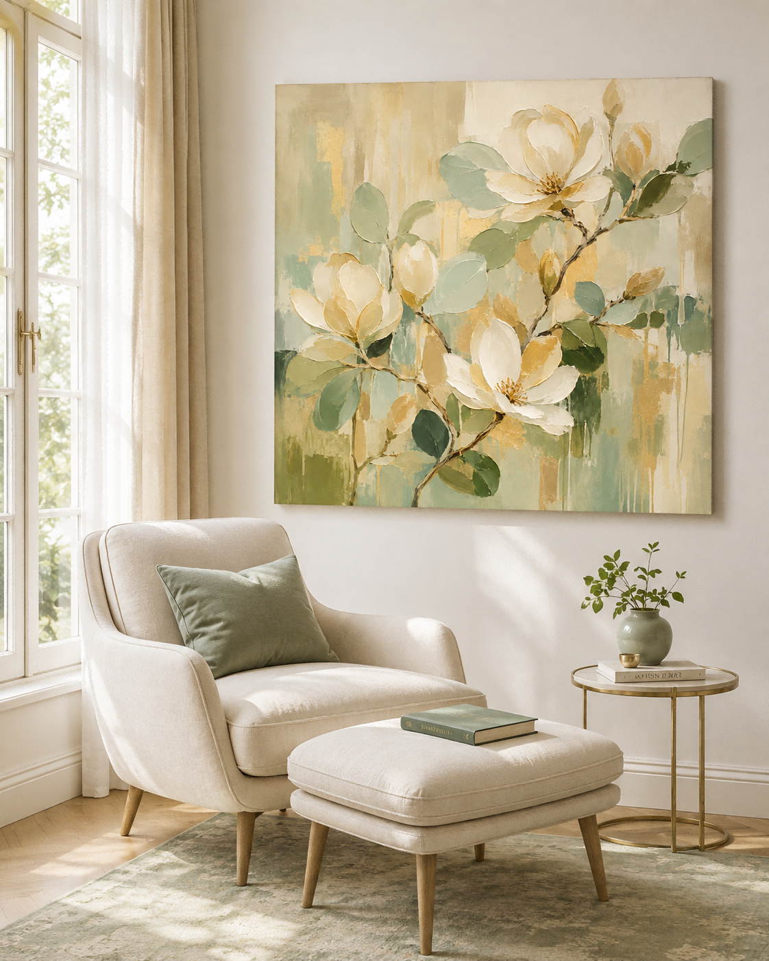Hand-Painted Magnolia Floral Abstract Canvas Art With Gold Accents For Modern Home