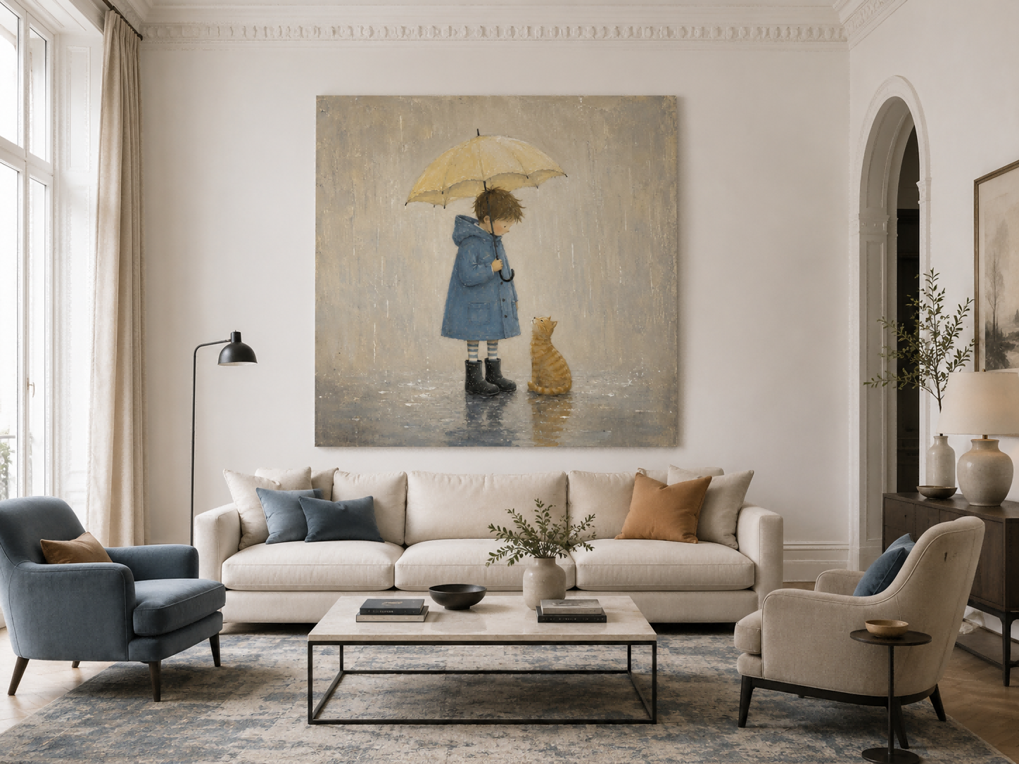 Vintage Boy And Cat Painting With Umbrella In Rain For Nursery Wall Art Decor