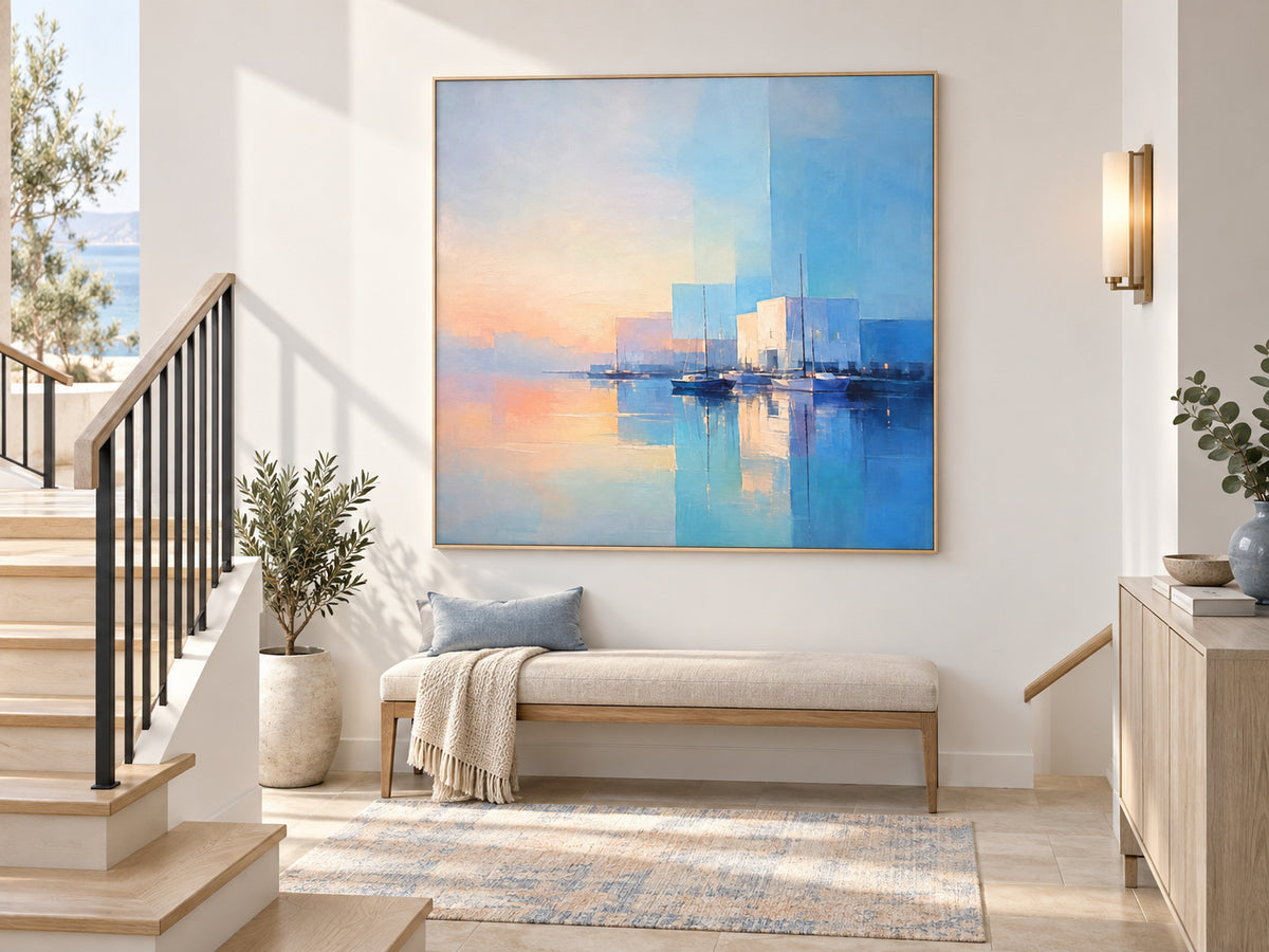 Minimalist Geometric Ocean Painting In Soft Colors For Modern Interiors