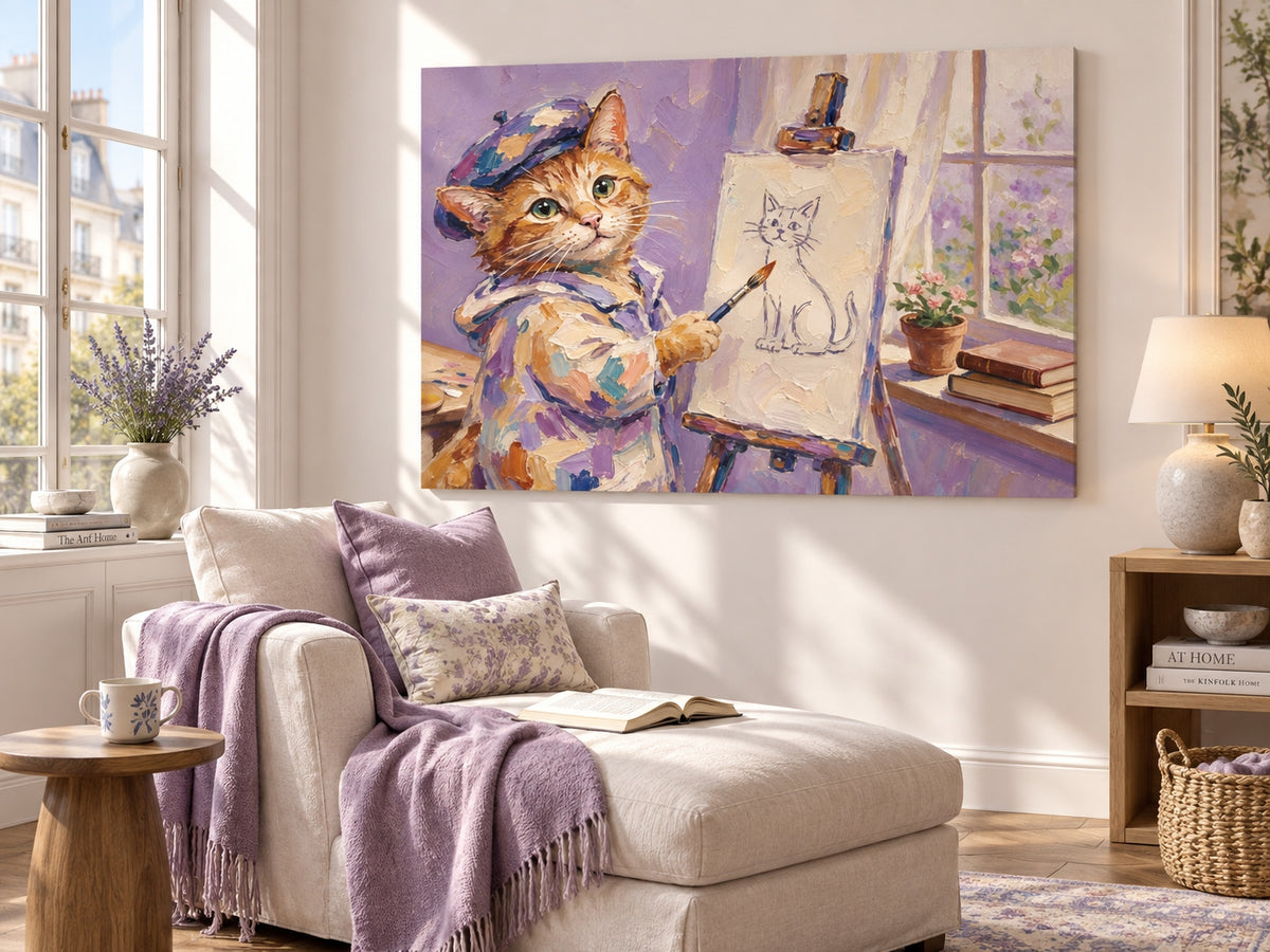Hand-Painted Orange Cat Artist Canvas Painting With Beret And Easel