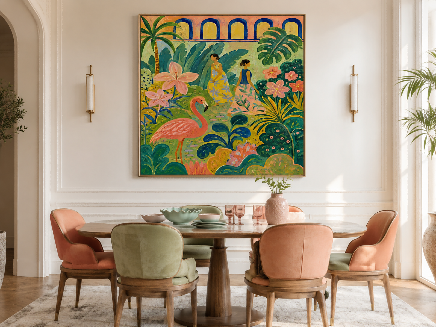 Flamingo And Women In Tropical Garden Hand-Painted Canvas Art Art Deco Fantasy Landscape Painting With Pink And Green Tones