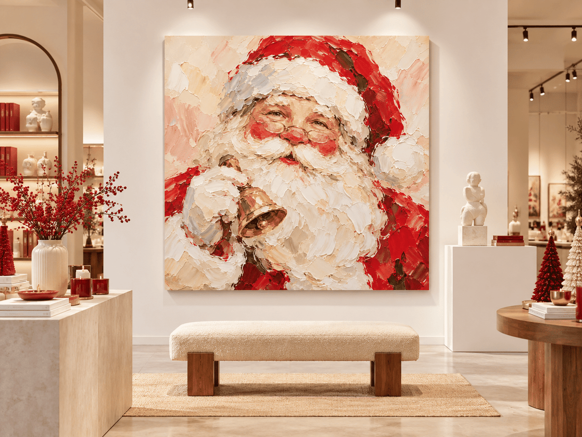 Smiling Santa With Golden Bell Hand-Painted Canvas Art In Red And White
