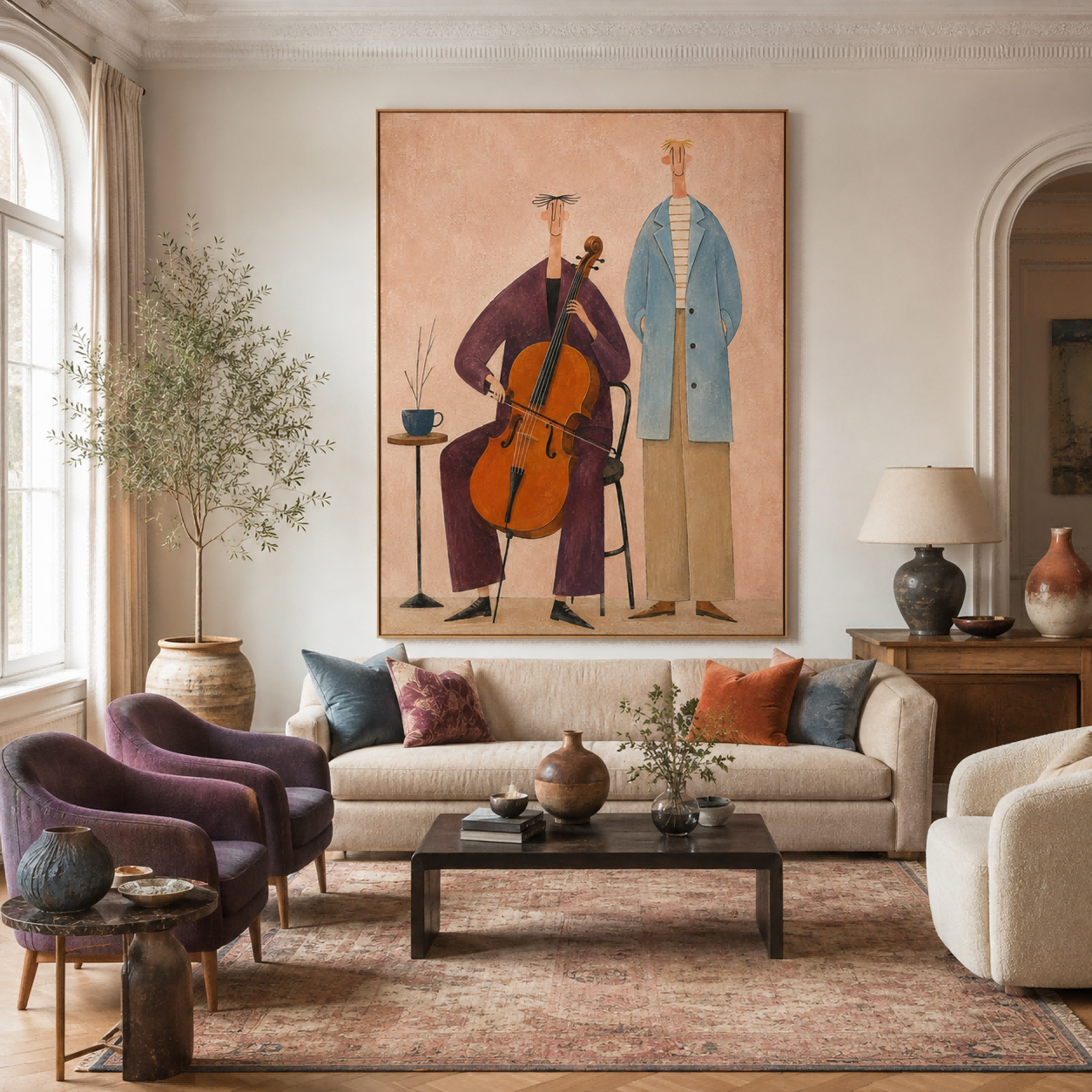 Naive Pop Art Painting With Musicians For Modern Living Room Decor