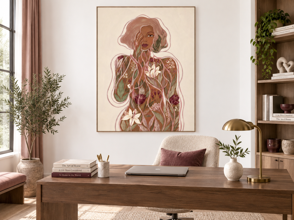 Hand-Painted Abstract Floral Woman Canvas Art In Earth Tones