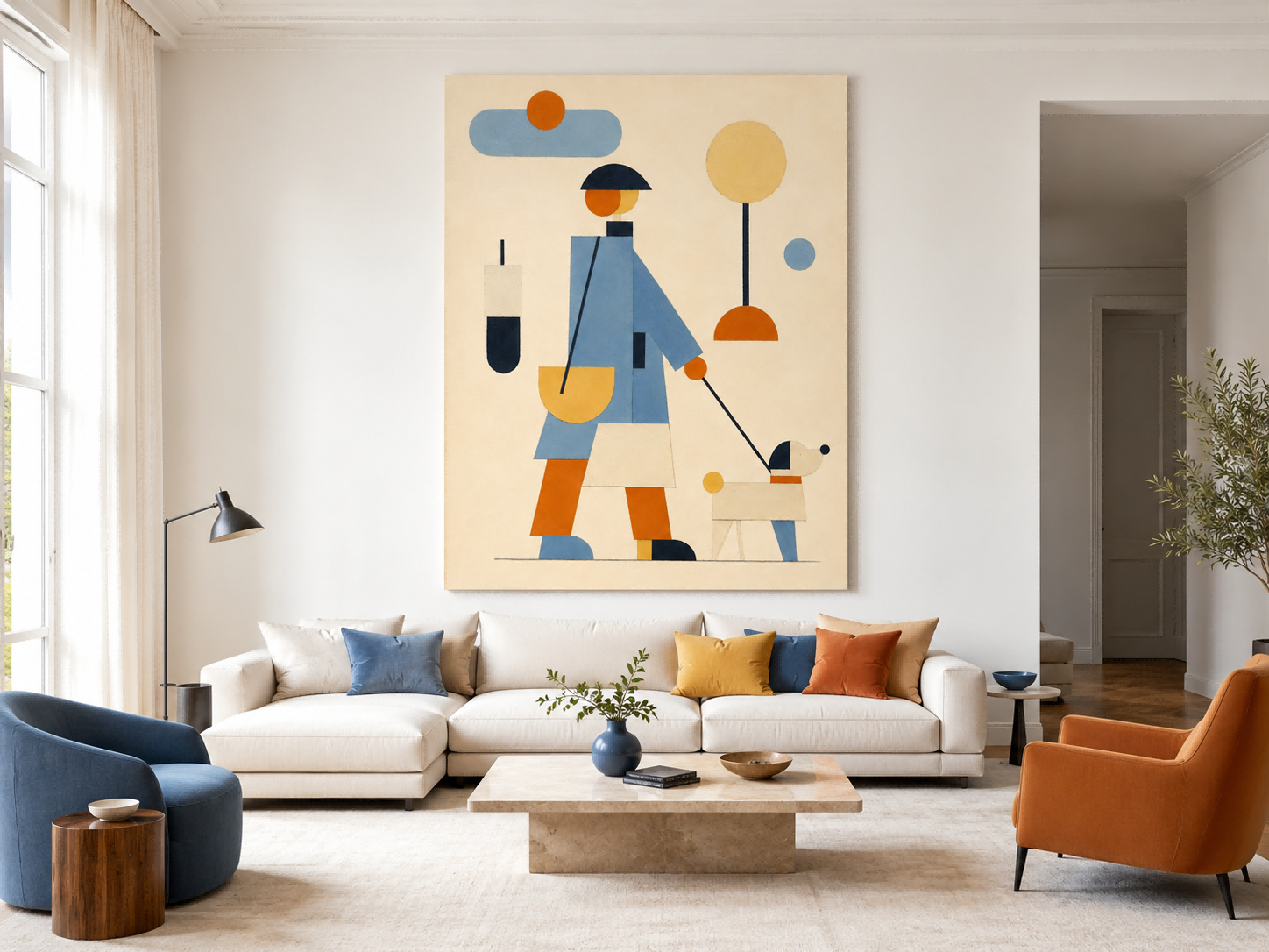 Minimalist Geometric Oil Painting Of Daily Life Scene With Abstract Shapes And Soft Colors