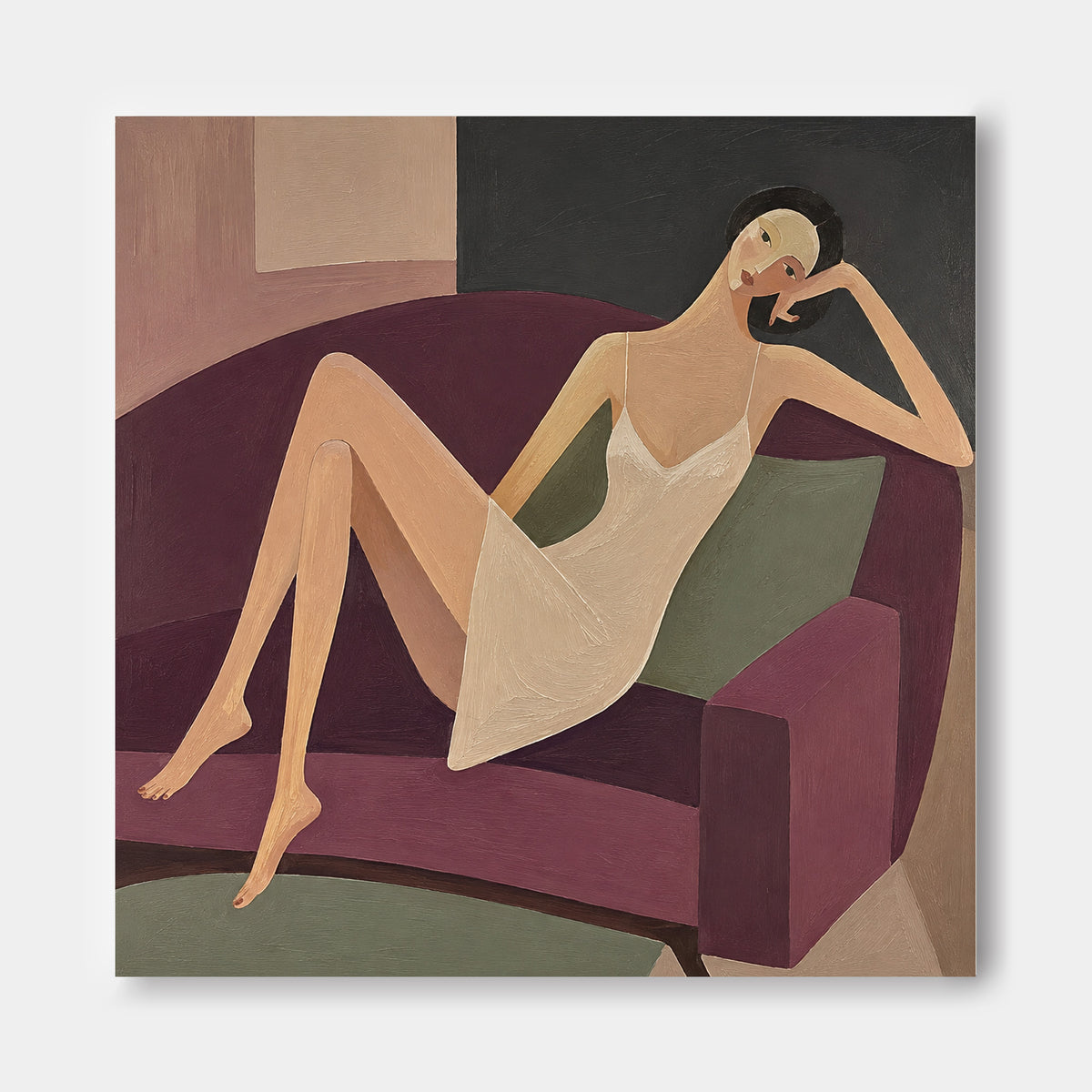 Minimalist Retro Style Canvas Art Textured Painting Of Lady Relaxing On Sofa Original