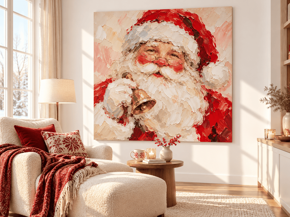 Smiling Santa With Golden Bell Hand-Painted Canvas Art In Red And White