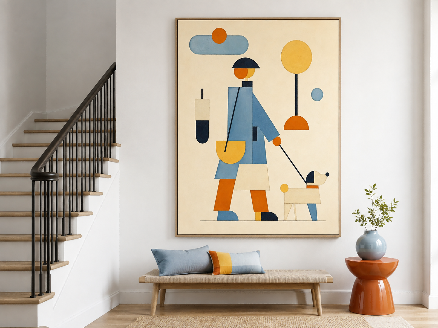 Minimalist Geometric Oil Painting Of Daily Life Scene With Abstract Shapes And Soft Colors