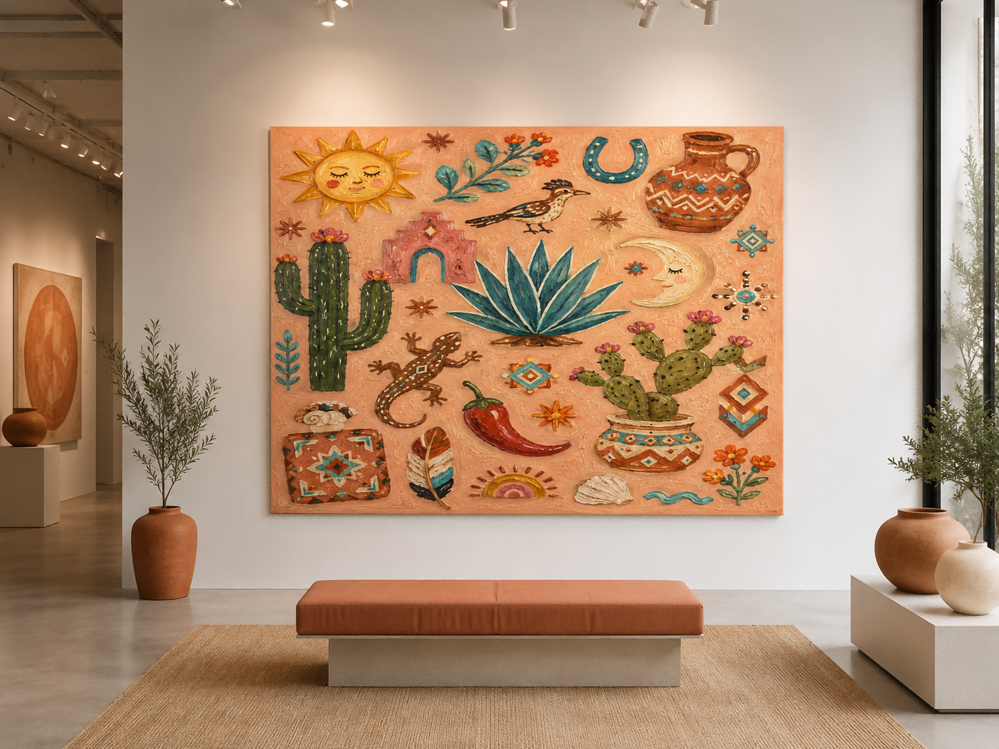 Bohemian Desert Sunset Wall Art With Geometric Cactus And Lizard For Living Room