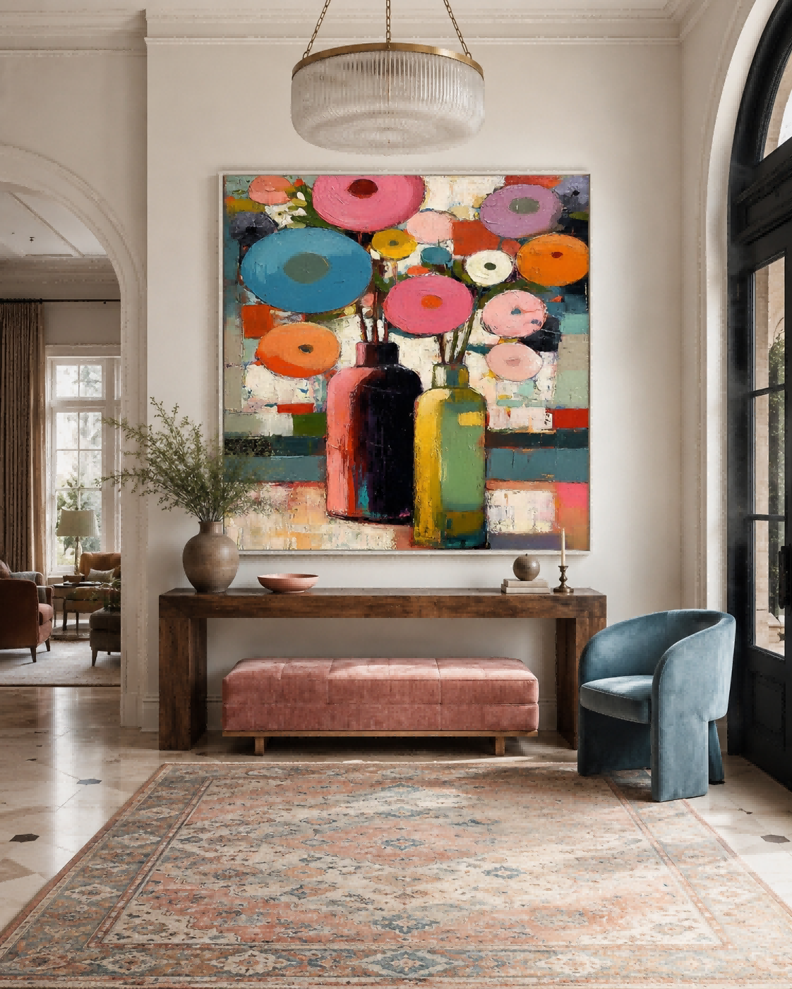 Vibrant Geometric Floral Art With Colorful Vases For Modern Living Room Wall Decor