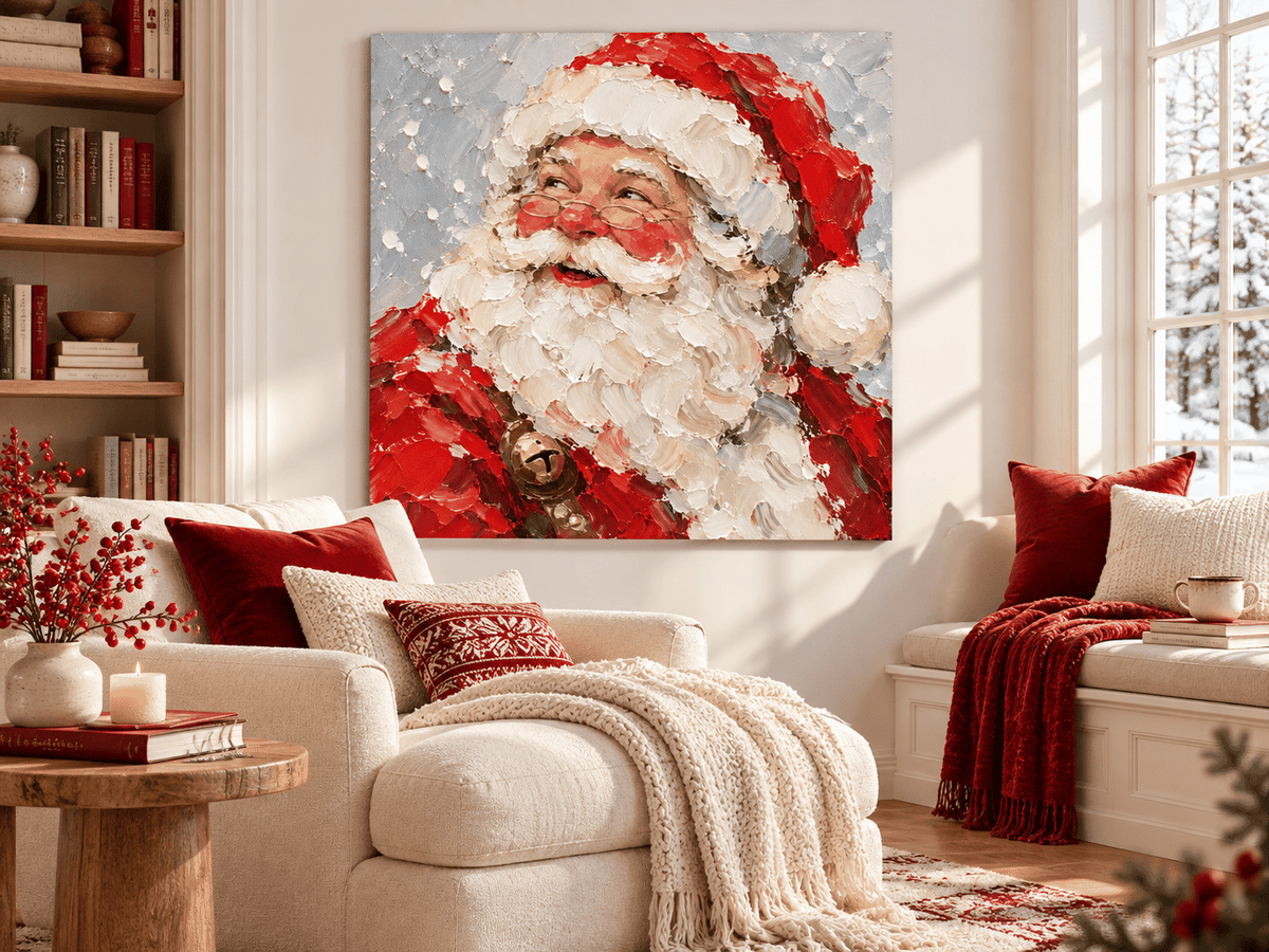 Hand-Painted Santa Claus Portrait With Gold Bell And Glasses Original Canvas Art