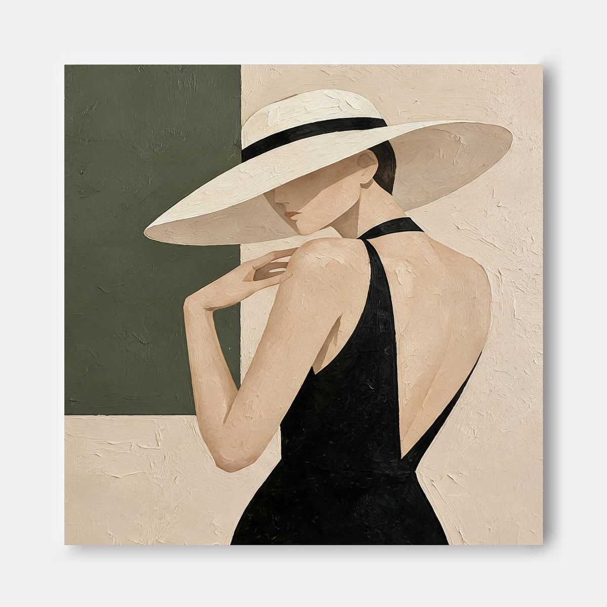 Minimalist Vintage Style Canvas Art Textured Abstract Lady Portrait With Olive And Cream Colors