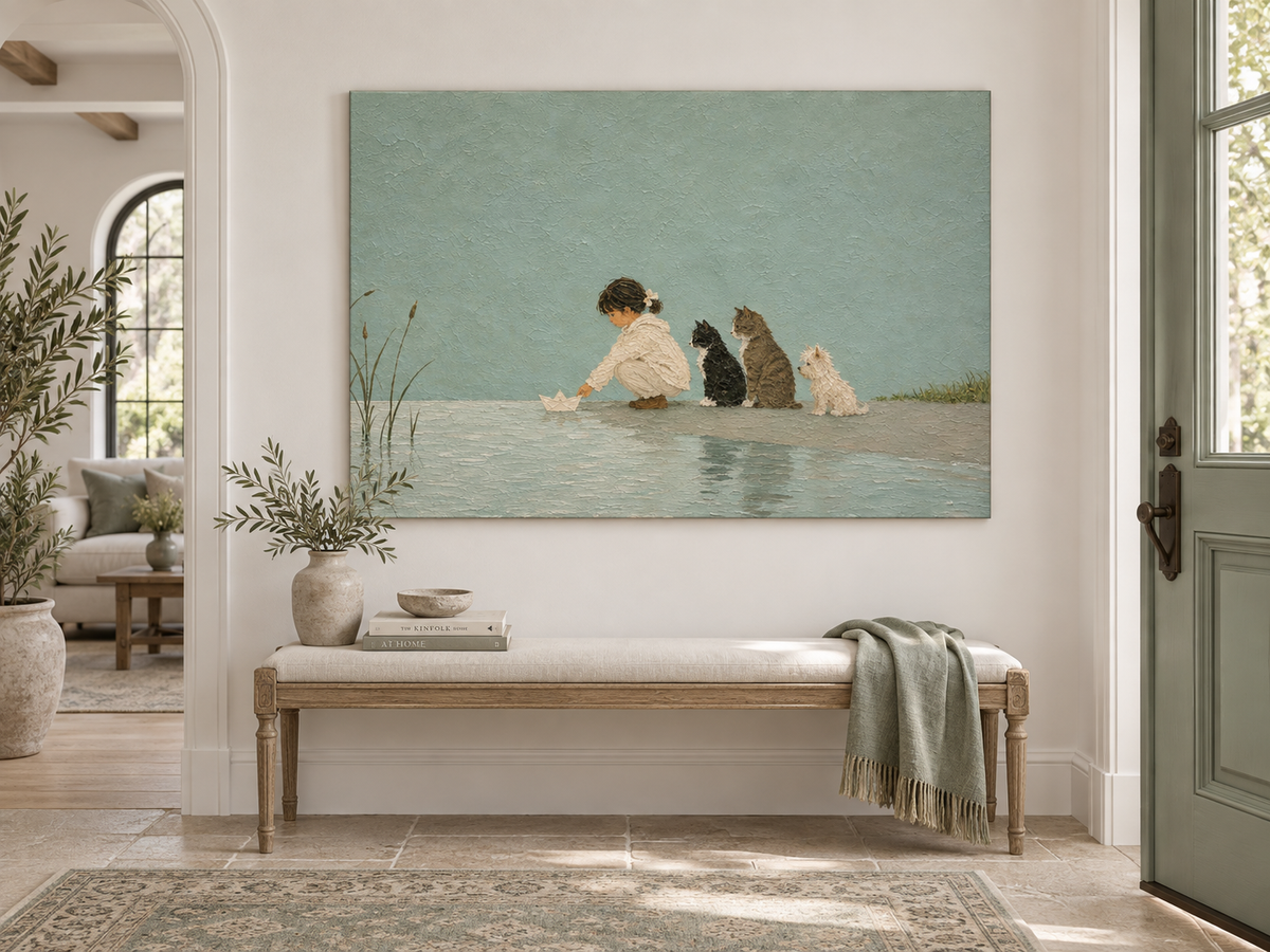 Modern Abstract Narrative Art Hand-Painted With Textured Green Background